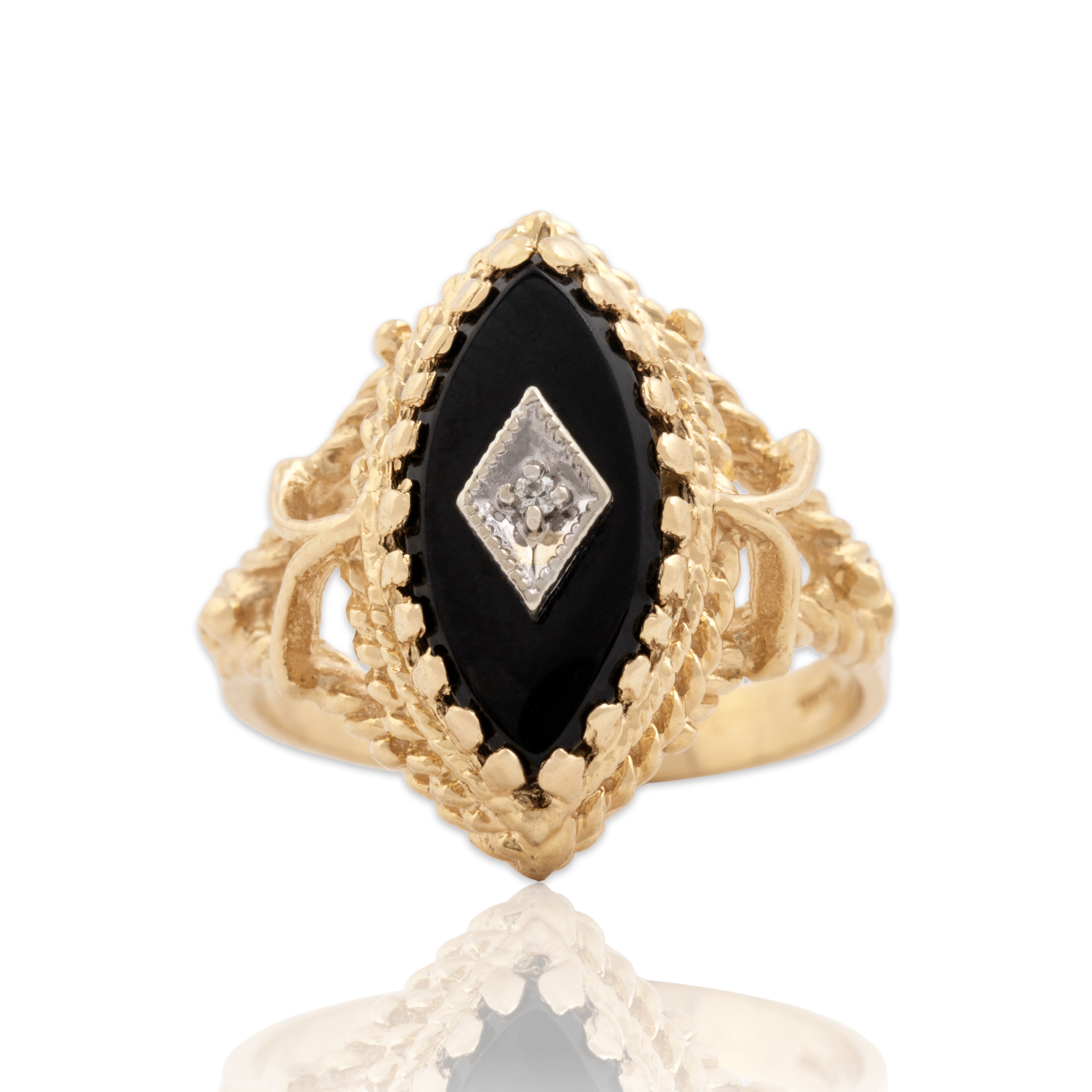 Vintage 14k Yellow & White Gold 2.4ct Onyx Diamond Ornate Decorated Navette Ring - Close-up view