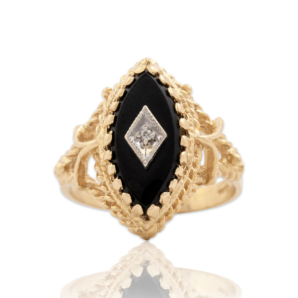 Vintage 14k Yellow & White Gold 2.4ct Onyx Diamond Ornate Decorated Navette Ring 6.50