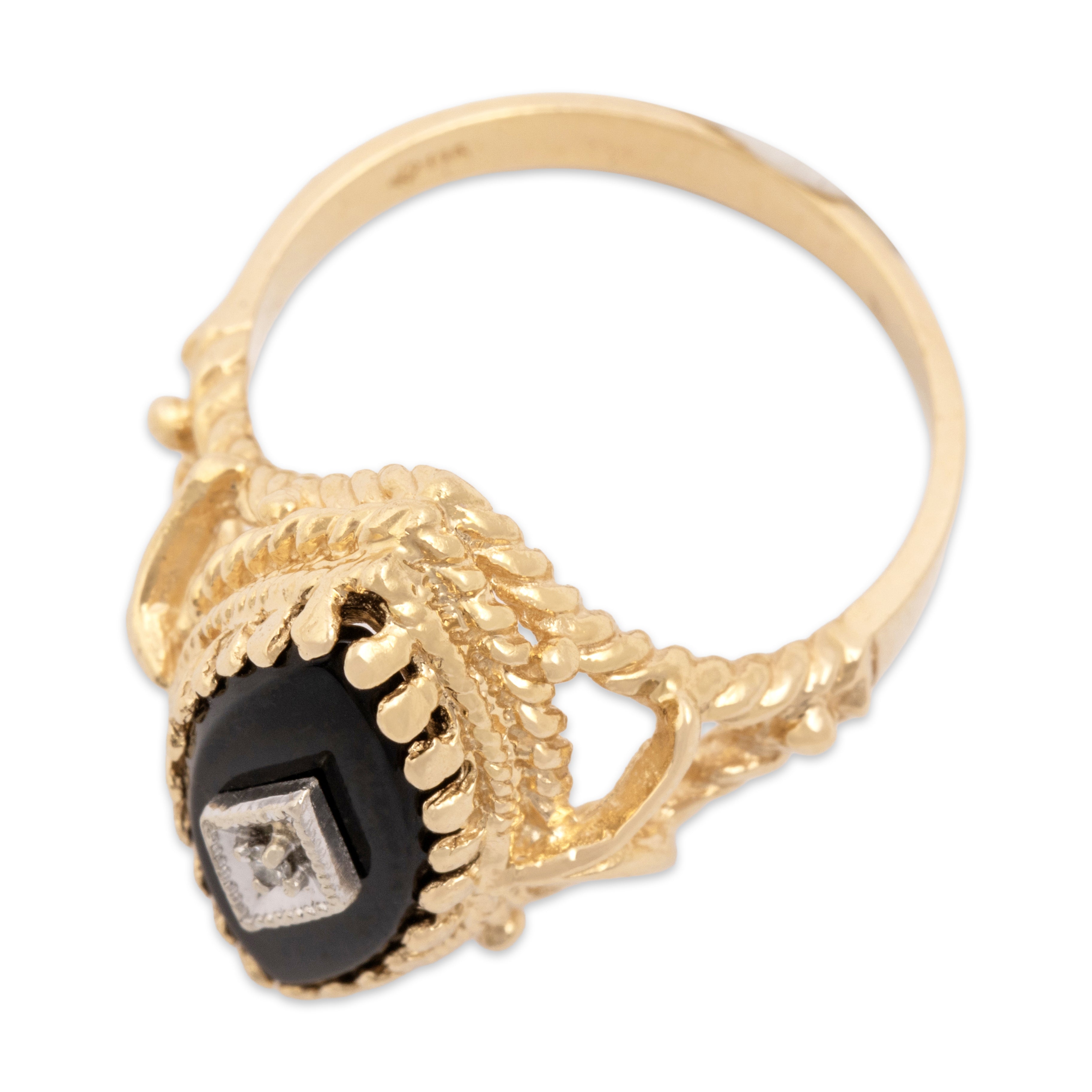 Vintage 14k Yellow & White Gold 2.4ct Onyx Diamond Ornate Decorated Navette Ring - Overall view
