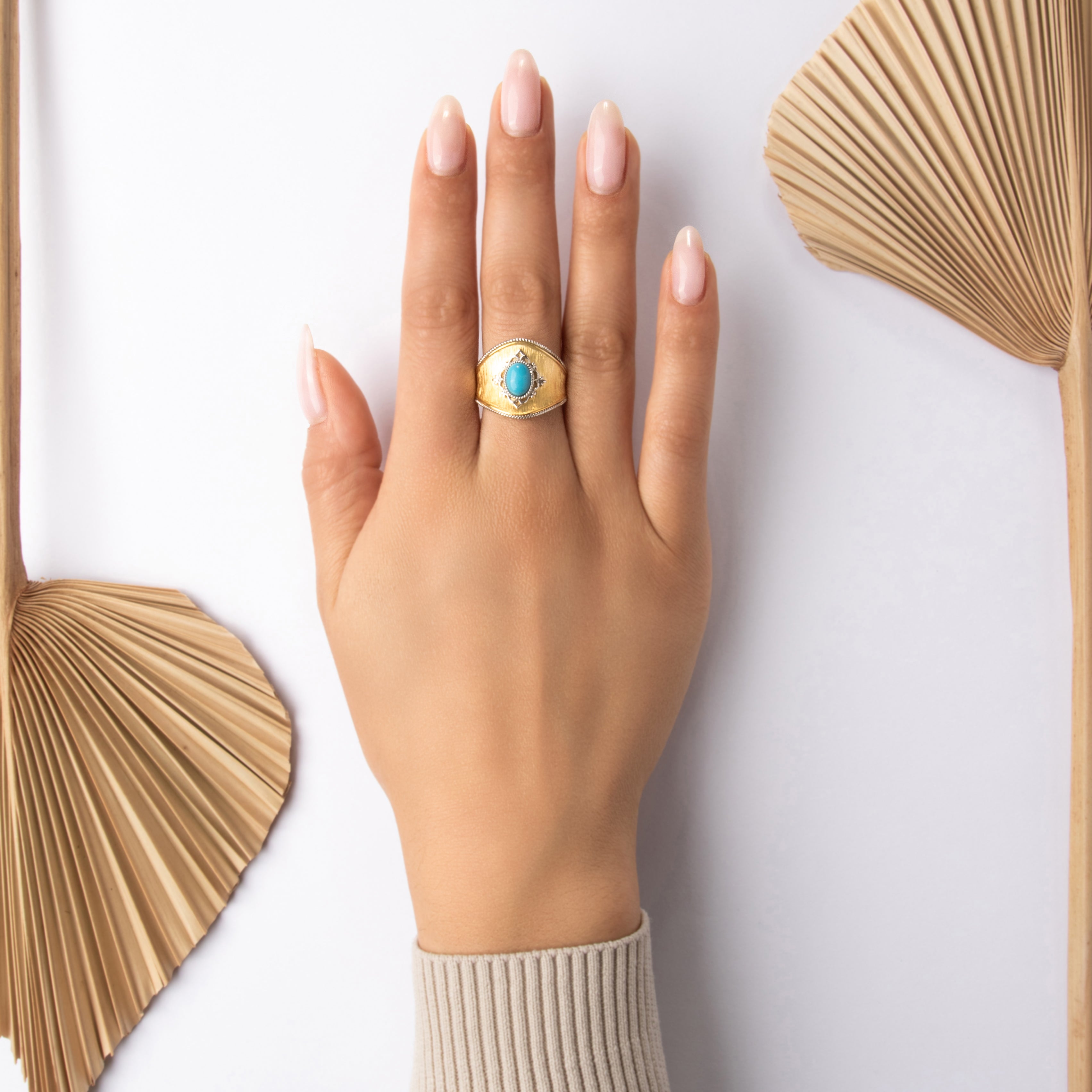 Vintage Chinese 14k Yellow & White Gold 1.1ct Turquoise Wide Textured Shield Ring - On model view
