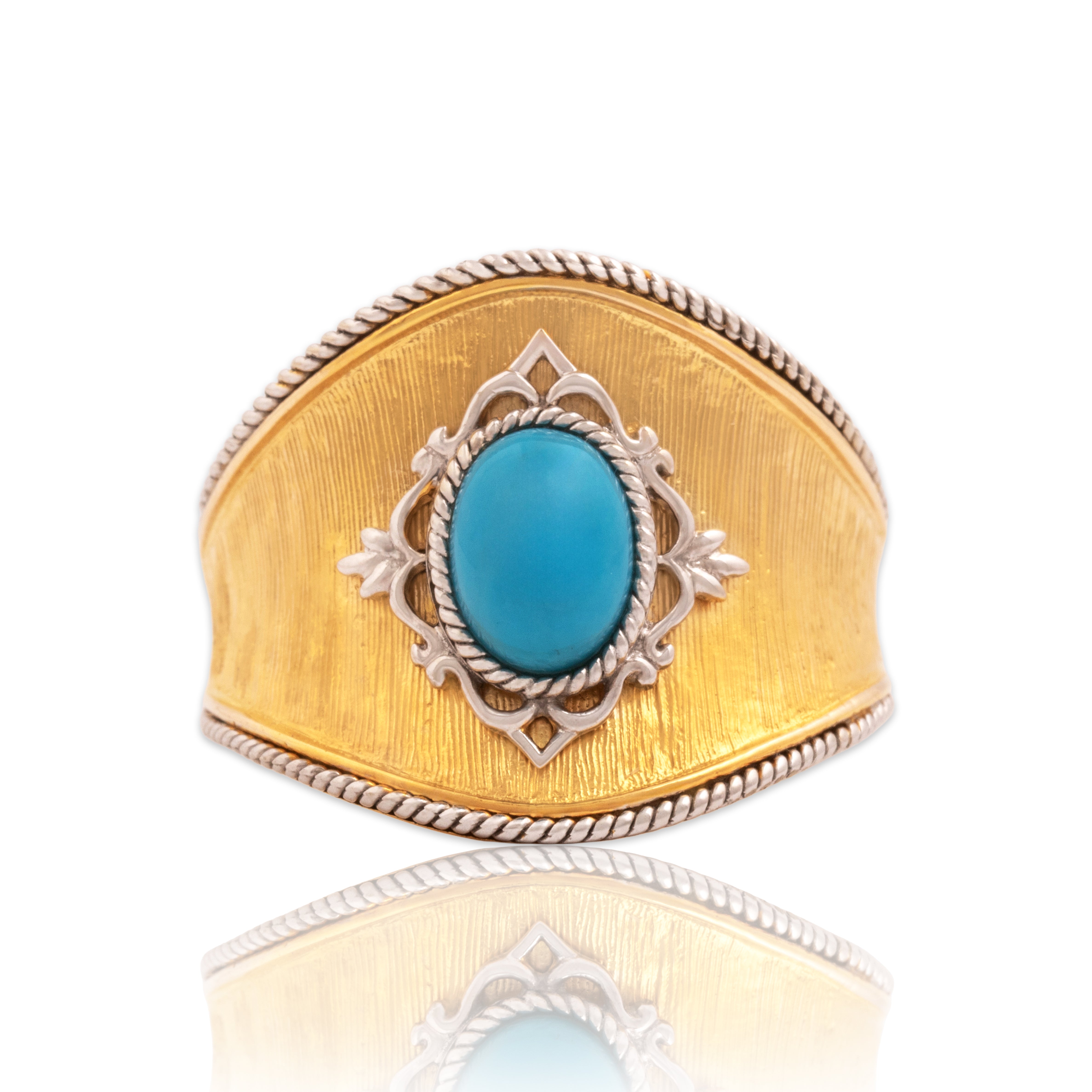 Vintage Chinese 14k Yellow & White Gold 1.1ct Turquoise Wide Textured Shield Ring - Close-up view