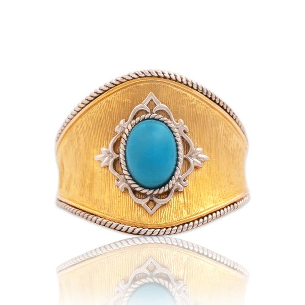 Vintage Chinese 14k Yellow & White Gold 1.1ct Turquoise Wide Shield Ring 10.00