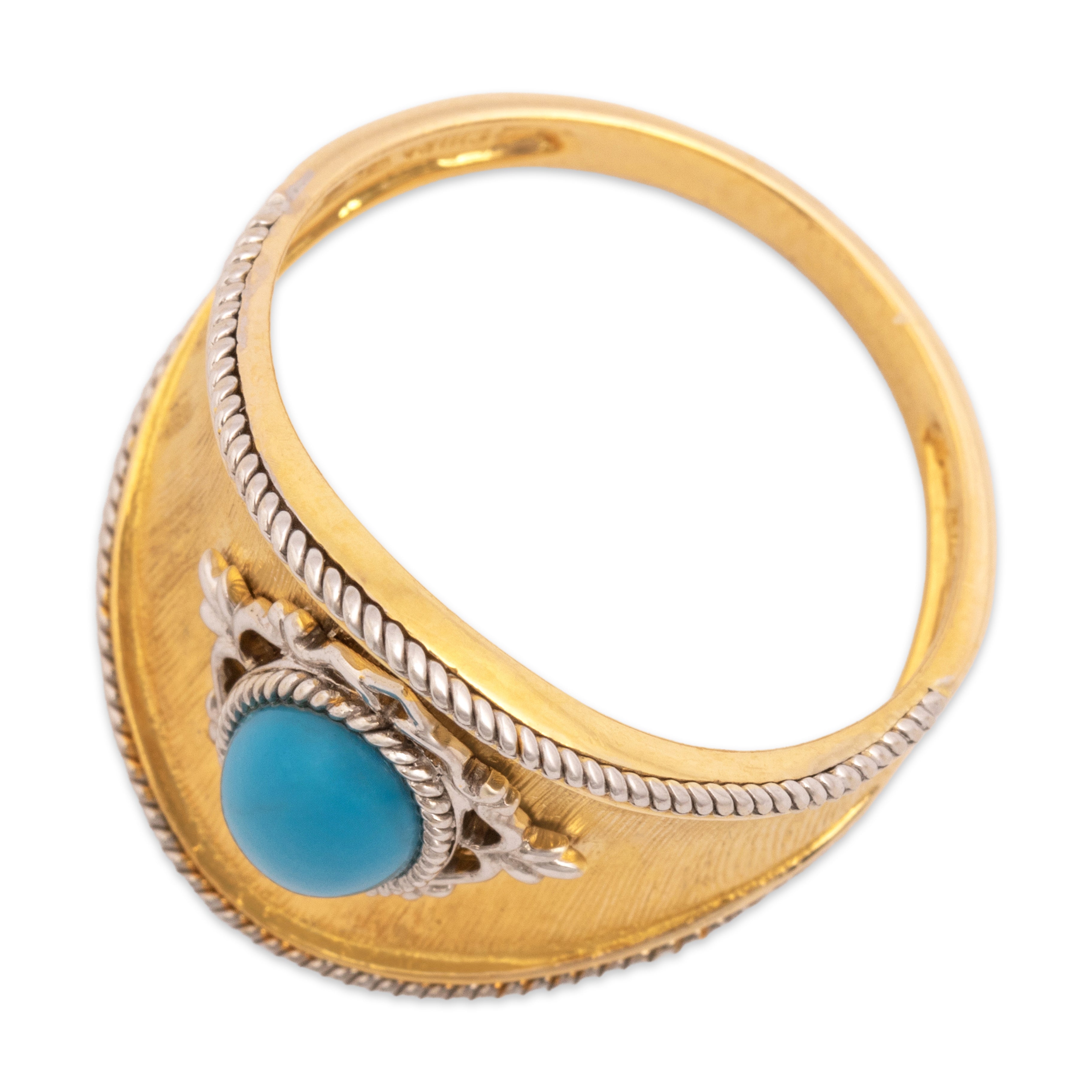 Vintage Chinese 14k Yellow & White Gold 1.1ct Turquoise Wide Textured Shield Ring - Overall view