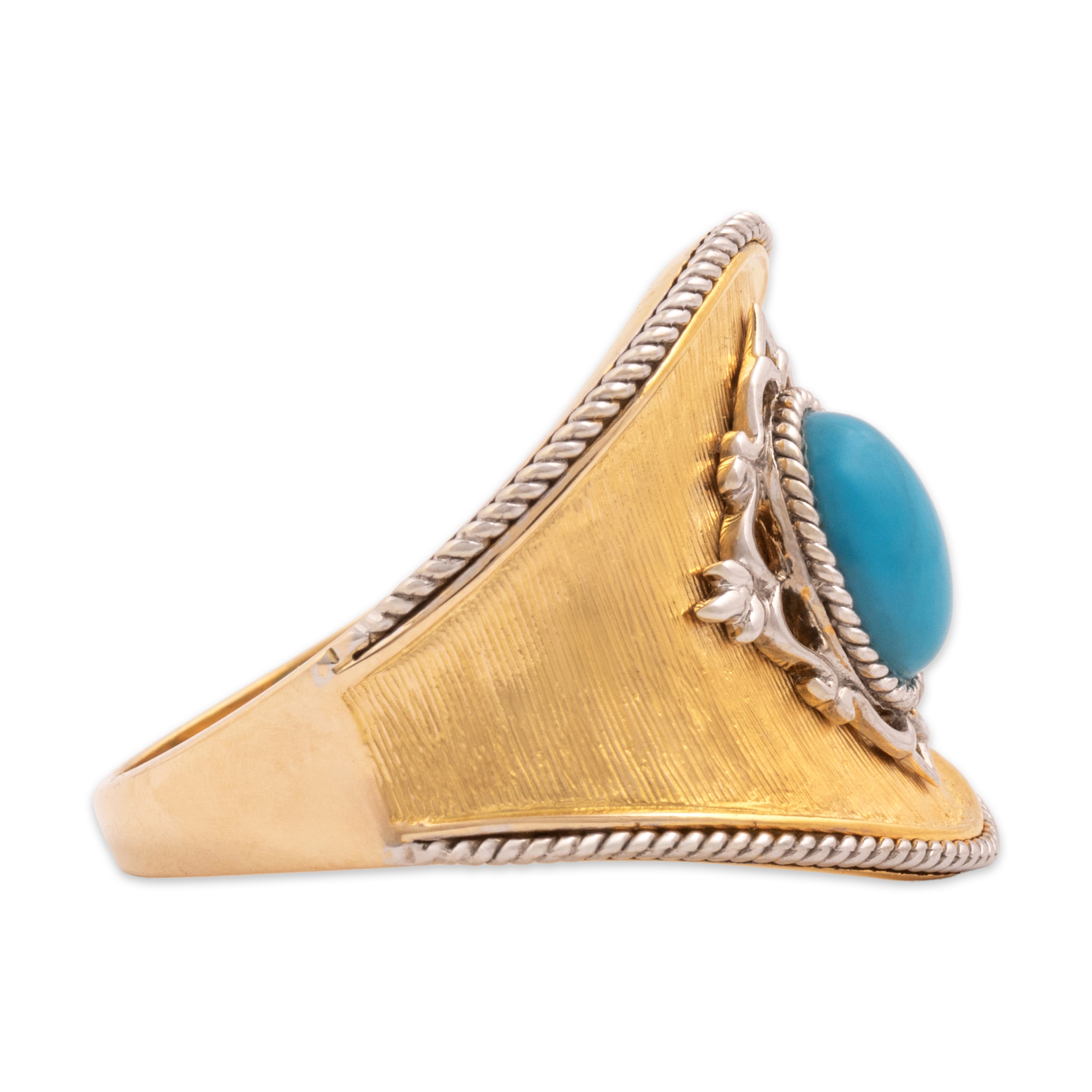 Vintage Chinese 14k Yellow & White Gold 1.1ct Turquoise Wide Textured Shield Ring - Side view