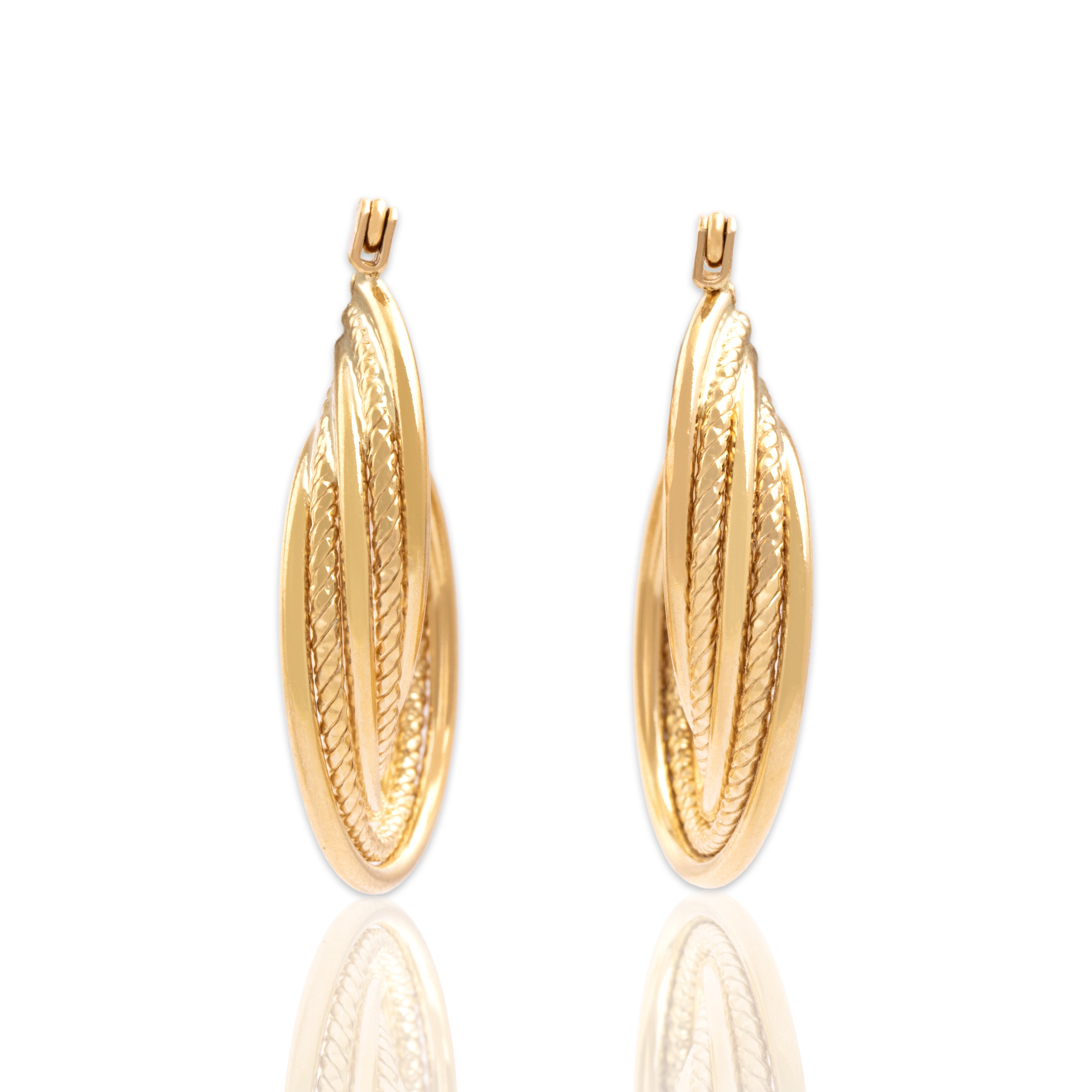 Vintage 14k Yellow Gold Twisted Textured Open Ribbon Hoop Earrings - Close-up view