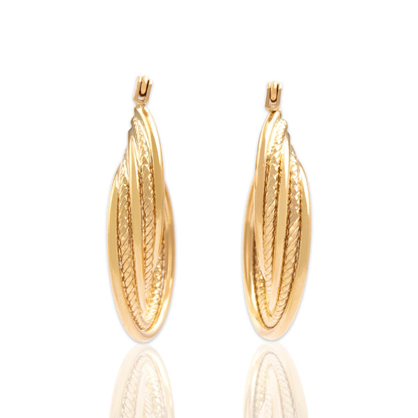 Vintage 14k Yellow Gold Twisted Textured Open Ribbon Hoop Earrings