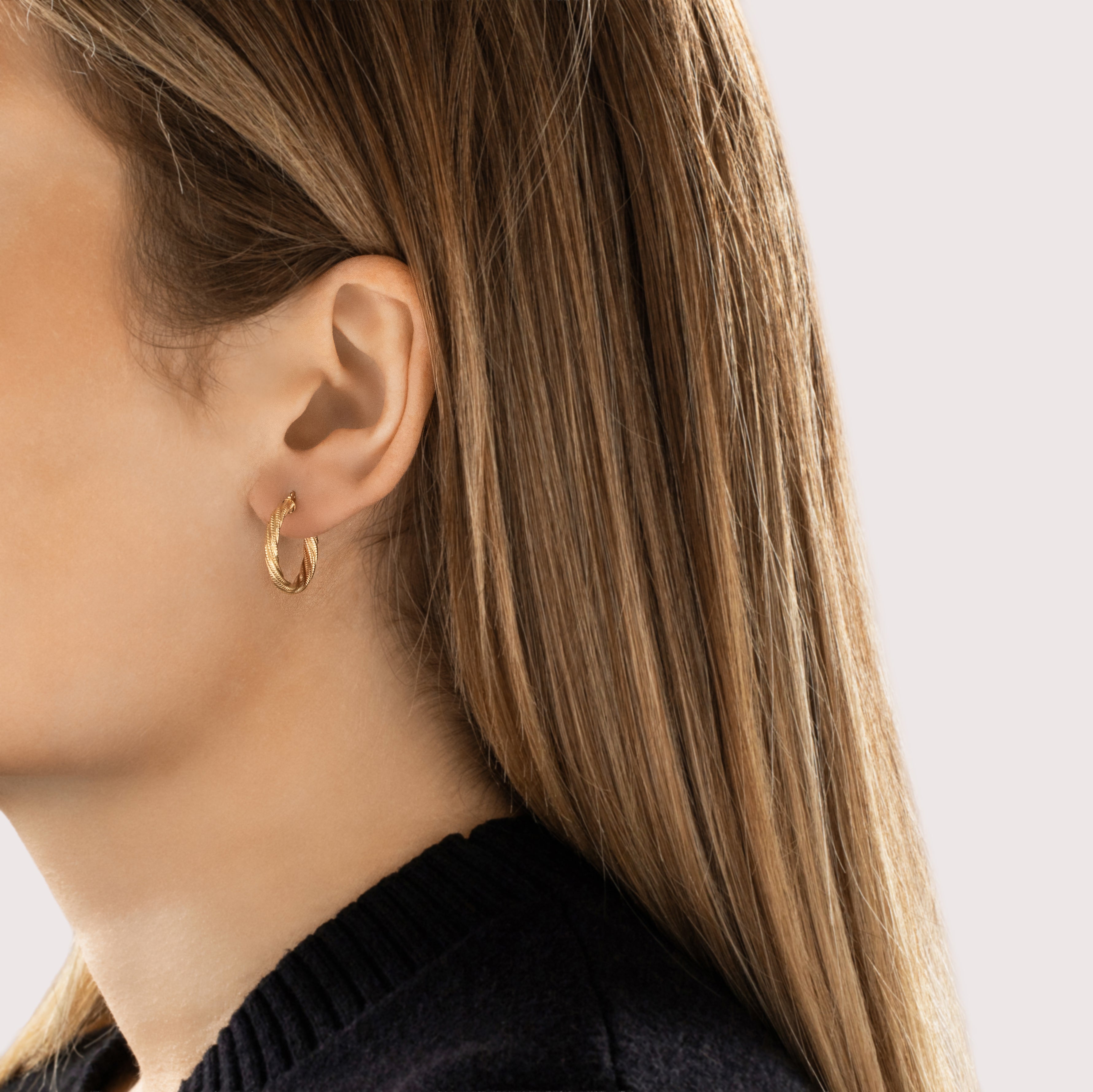 Vintage 14k Yellow Gold Twisted Textured Hoop Earrings - On model view