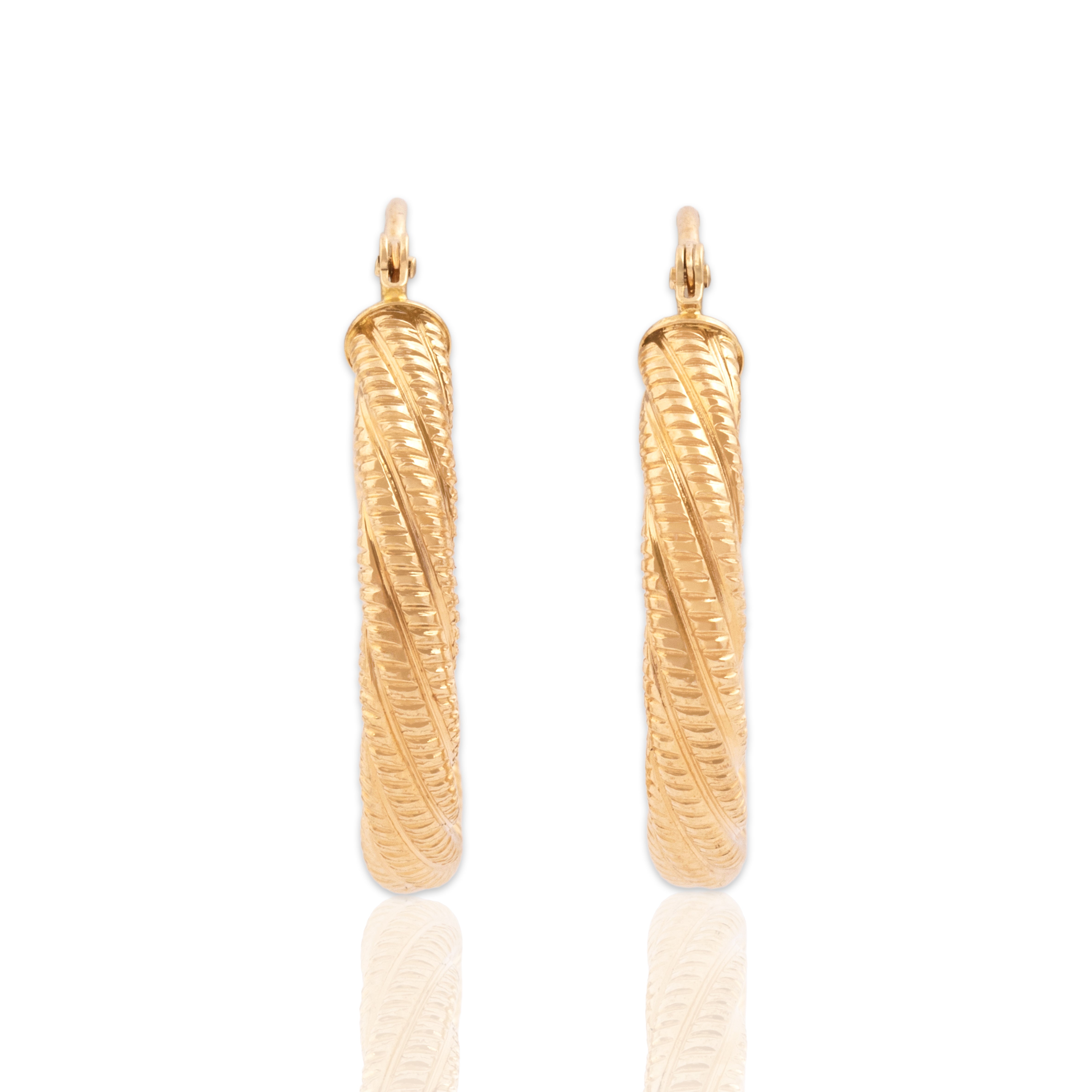Vintage 14k Yellow Gold Twisted Textured Hoop Earrings - Close-up view