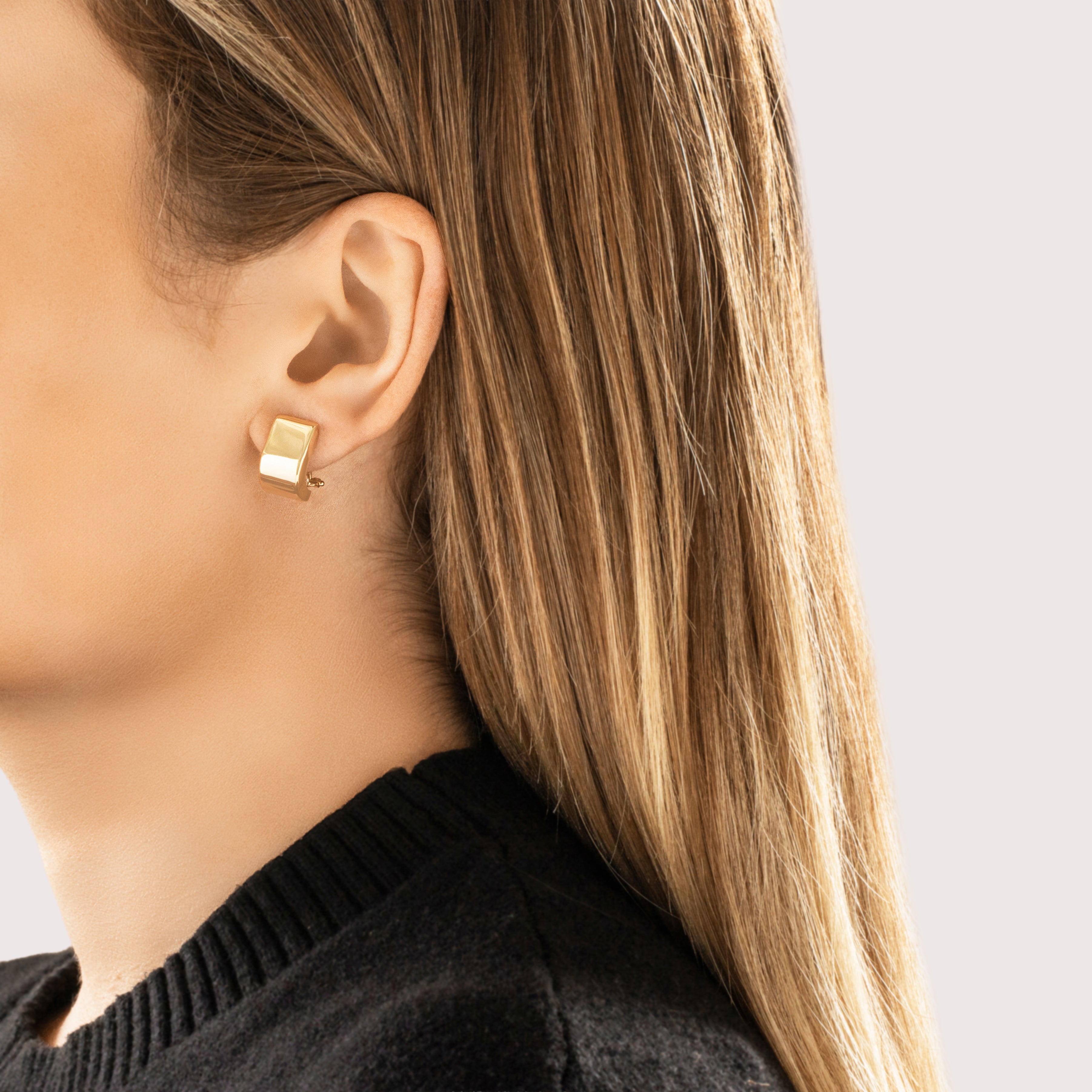 Vintage Italian 14k Yellow Gold Sleek Modern Curved Omega-Back Earrings - On model view