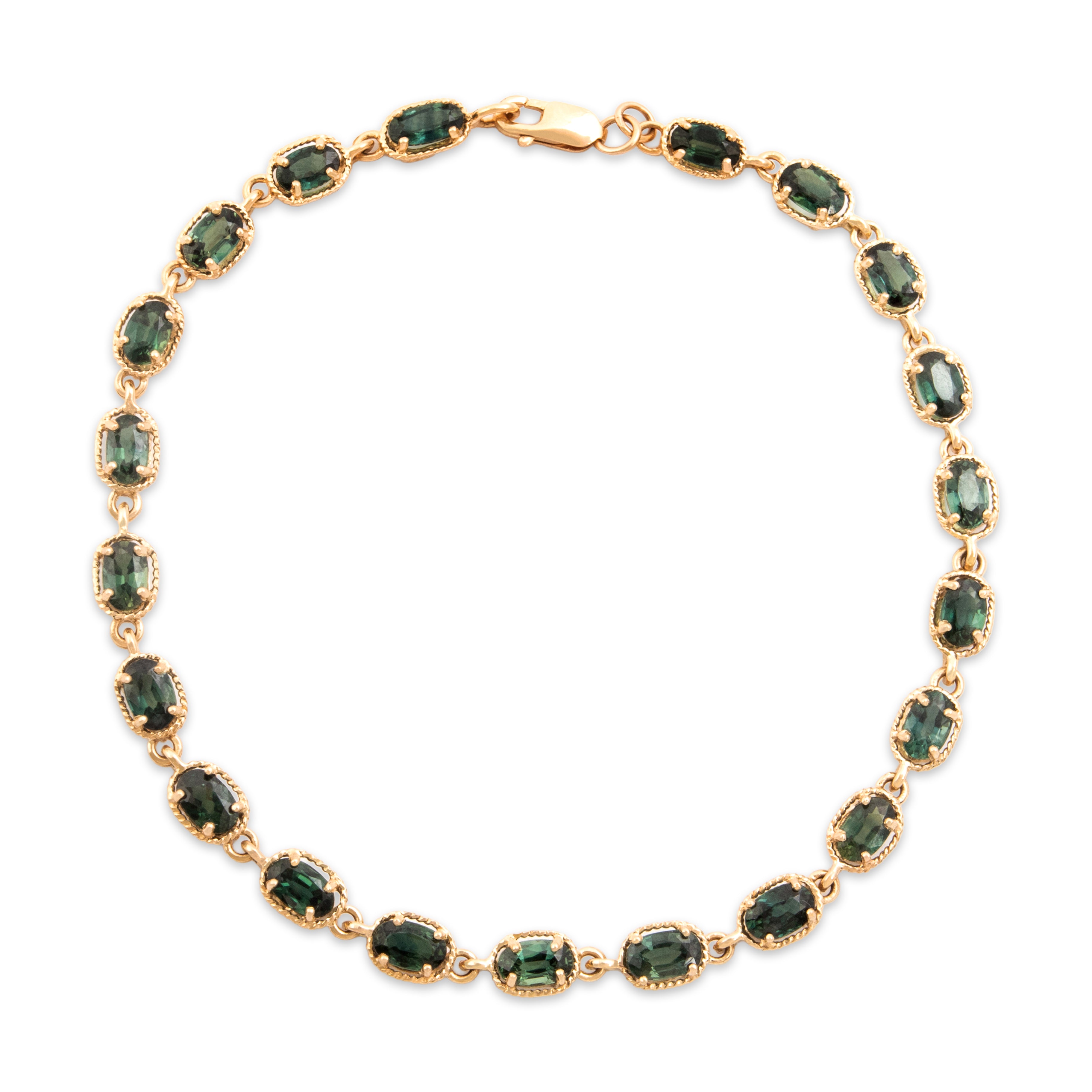 Vintage 14k Yellow Gold 6.96cttw Green Sapphire Rope Framed Link Bracelet - Close-up view