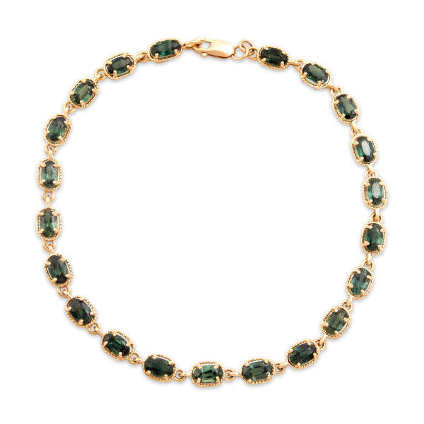 Vintage 14k Yellow Gold 6.96cttw Green Sapphire Rope Framed Link Bracelet 7.25