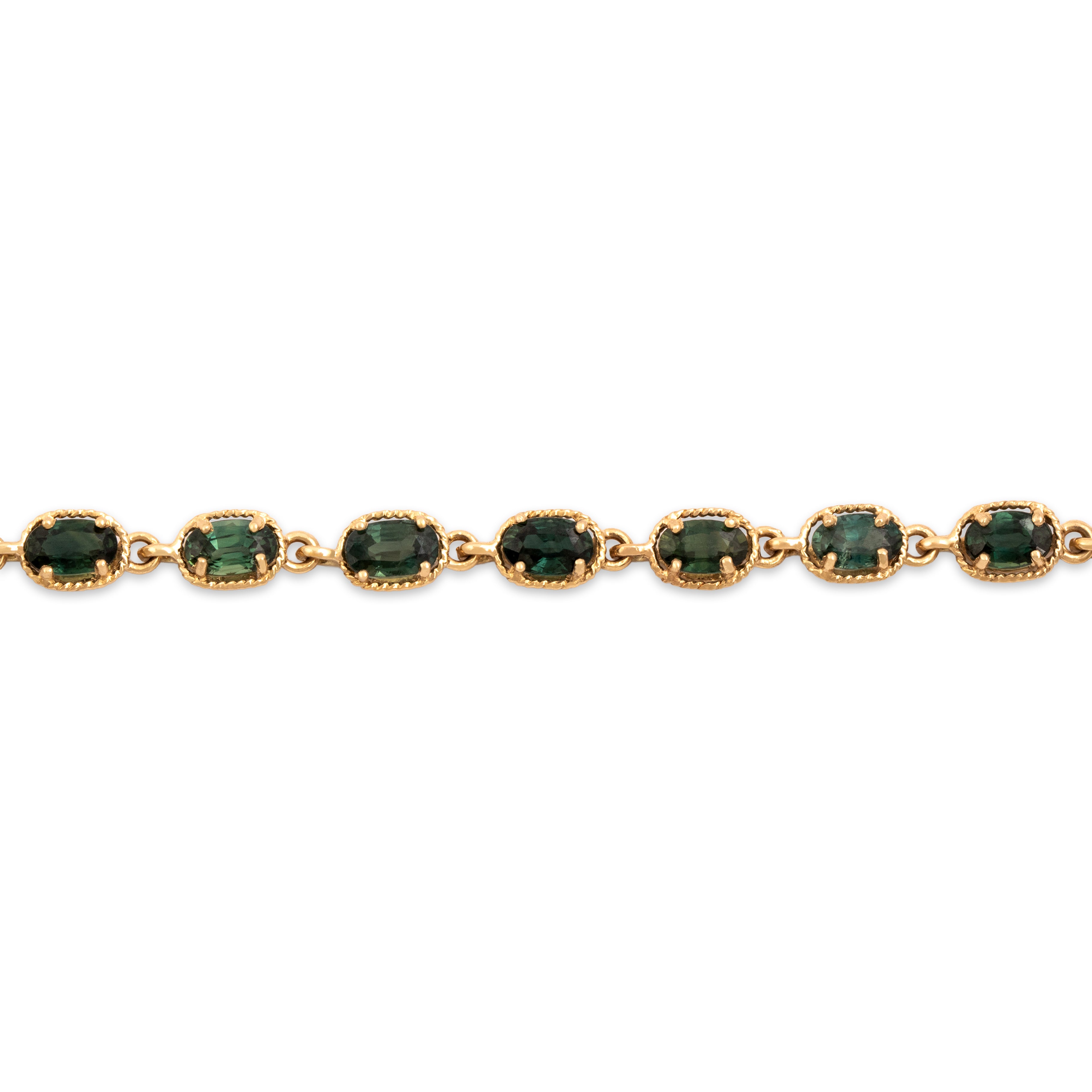 Vintage 14k Yellow Gold 6.96cttw Green Sapphire Rope Framed Link Bracelet - detail view #1