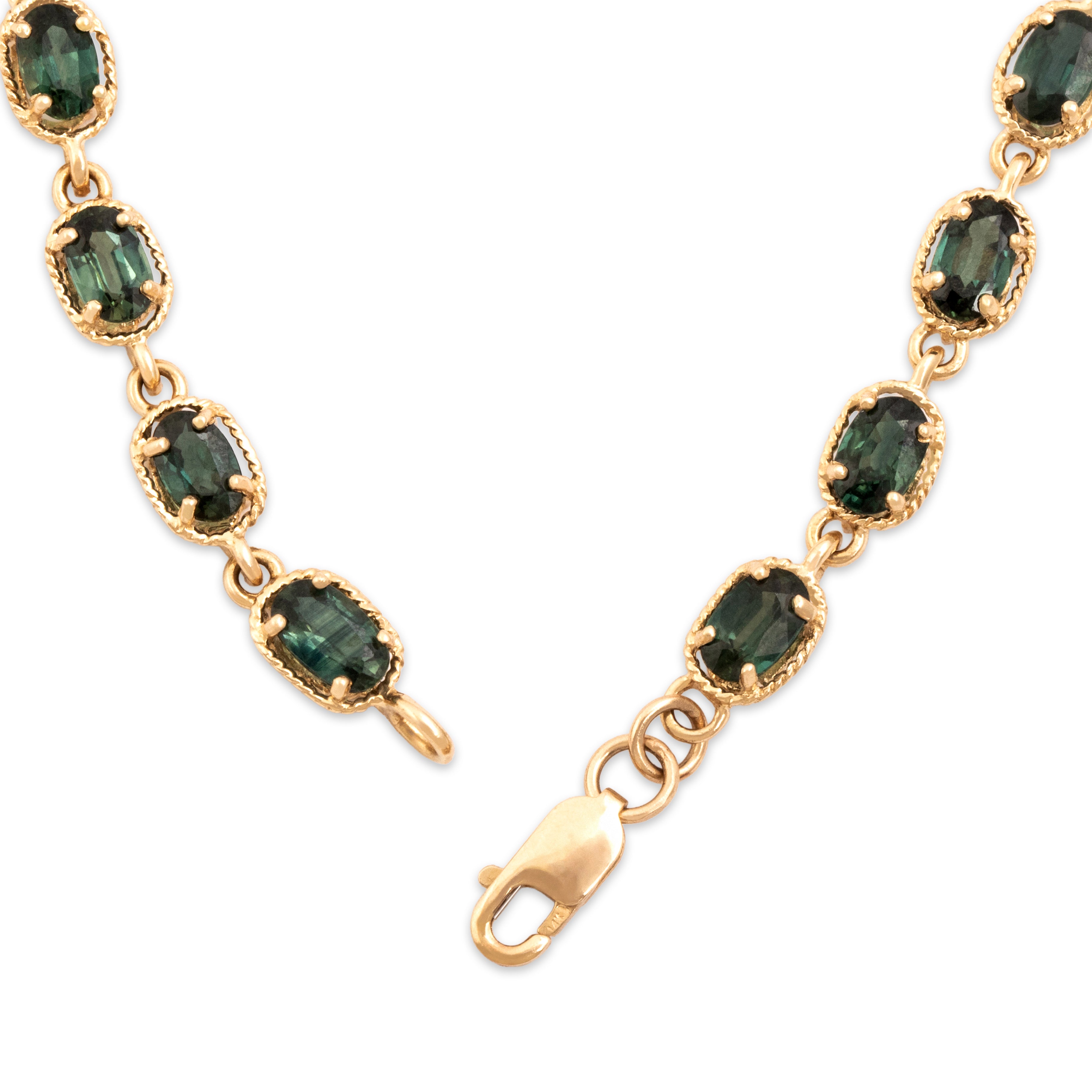 Vintage 14k Yellow Gold 6.96cttw Green Sapphire Rope Framed Link Bracelet - clasp view