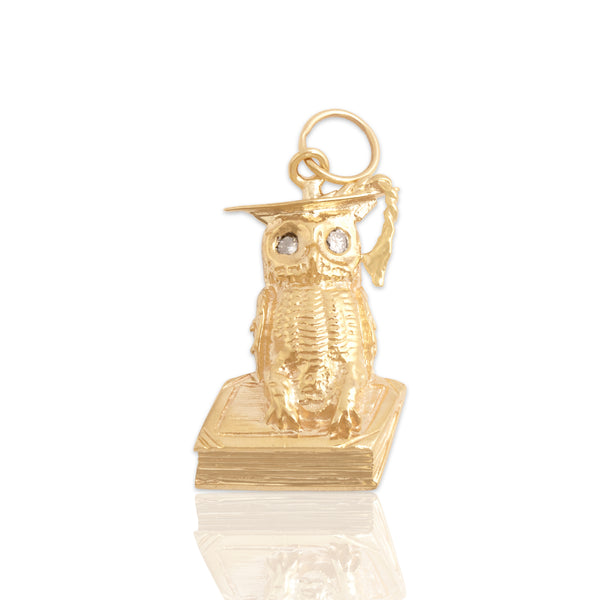 Vintage Large 14k Yellow Gold Diamond Wise Graduating Owl Charm / Pendant
