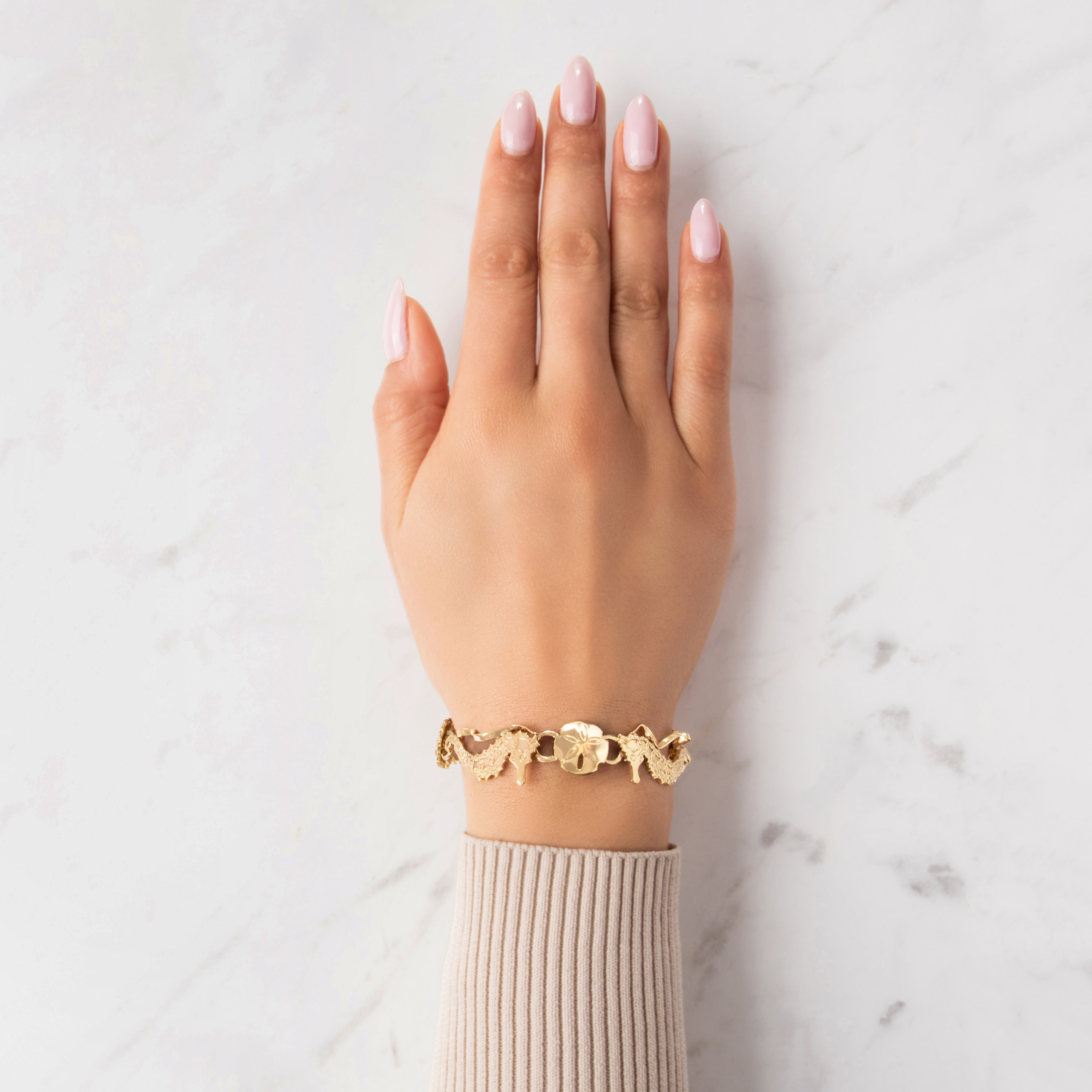 Vintage 14k Yellow Gold Summery Aquatic Menagerie Bracelet - On model view