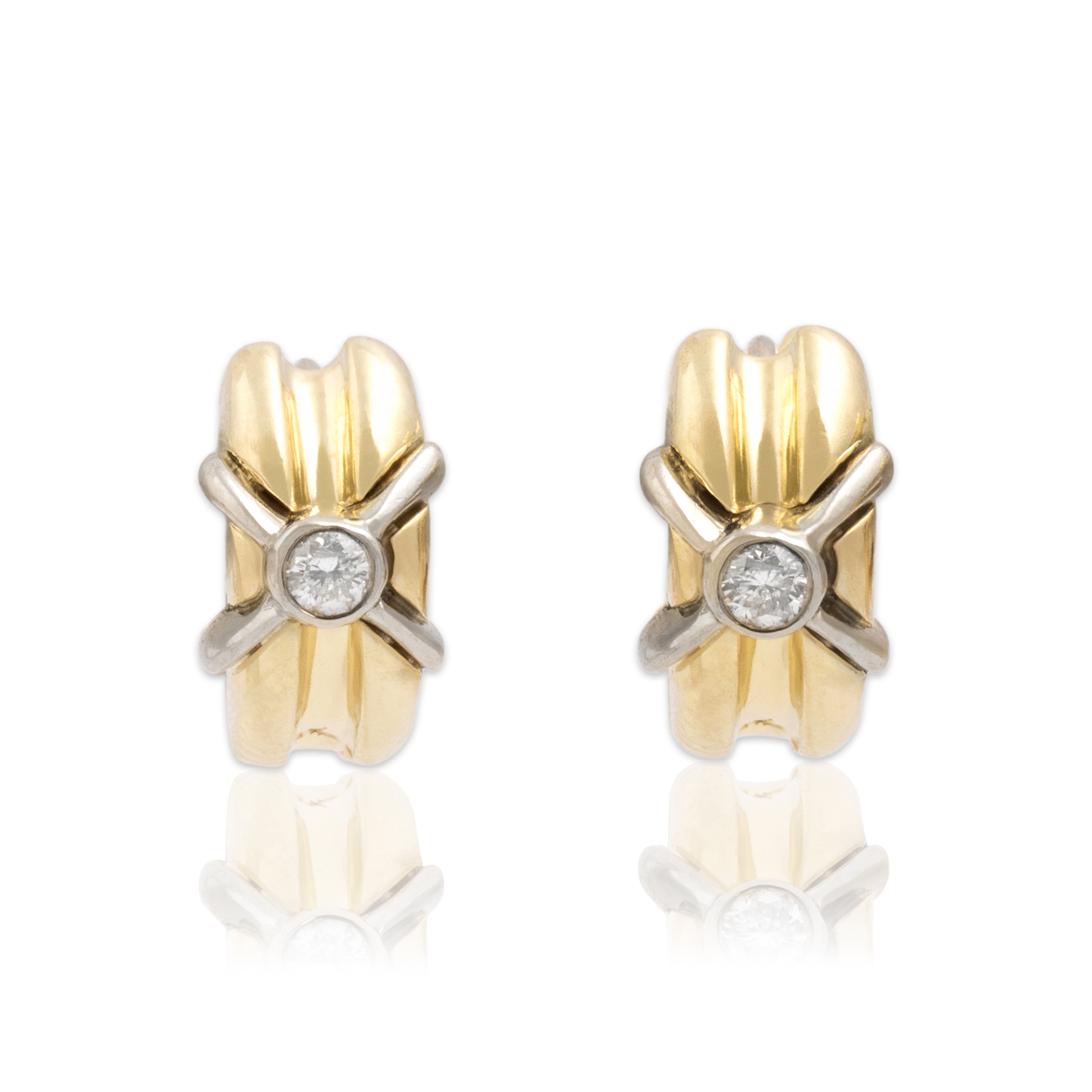 Vintage 14k Yellow & White Gold Diamond Ridged Cross-Cross Hoop Earrings - Close-up view