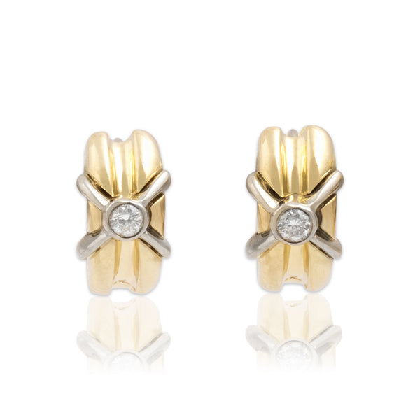 Vintage 14k Yellow & White Gold Diamond Ridged Cross-Cross Hoop Earrings