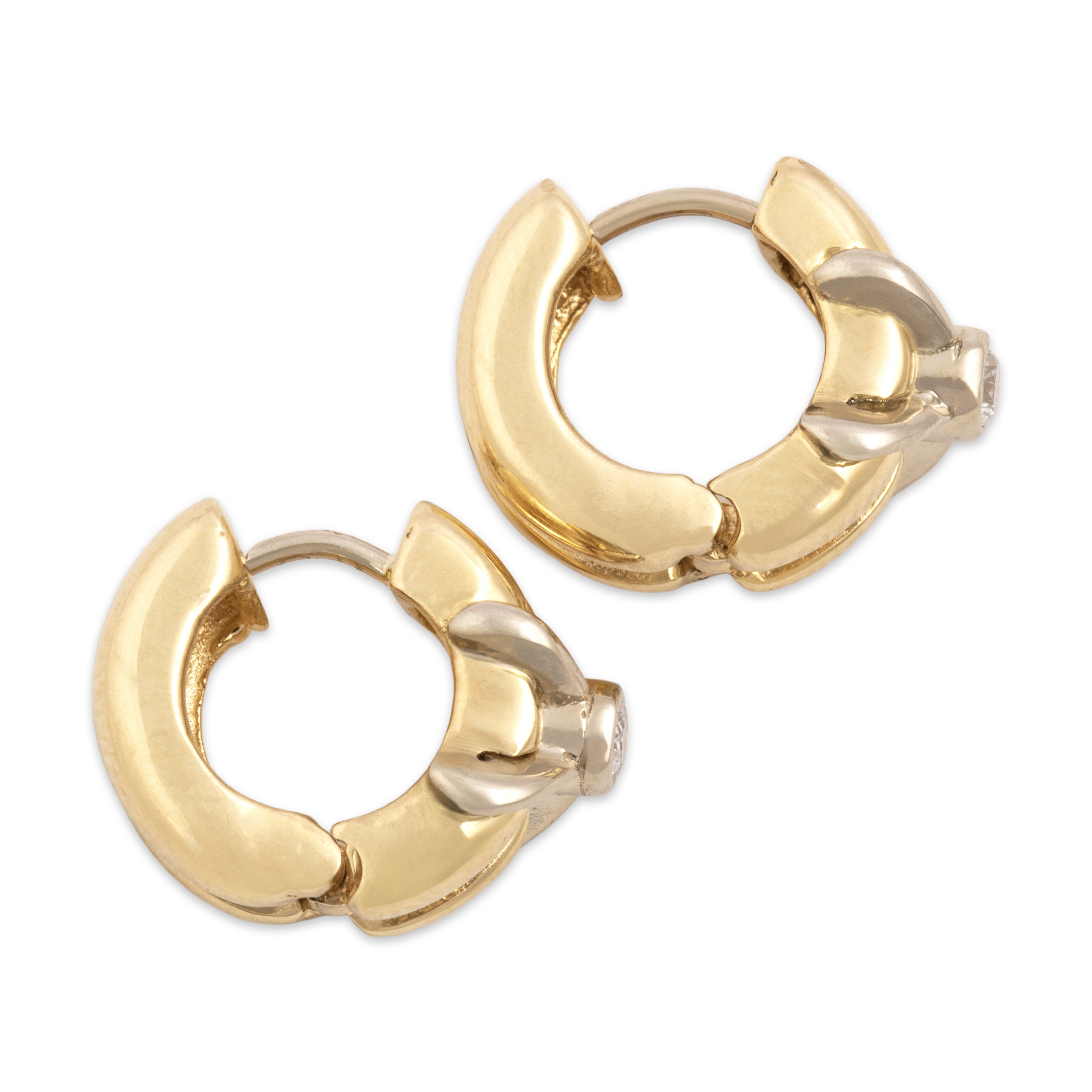 Vintage 14k Yellow & White Gold Diamond Ridged Cross-Cross Hoop Earrings - Side view