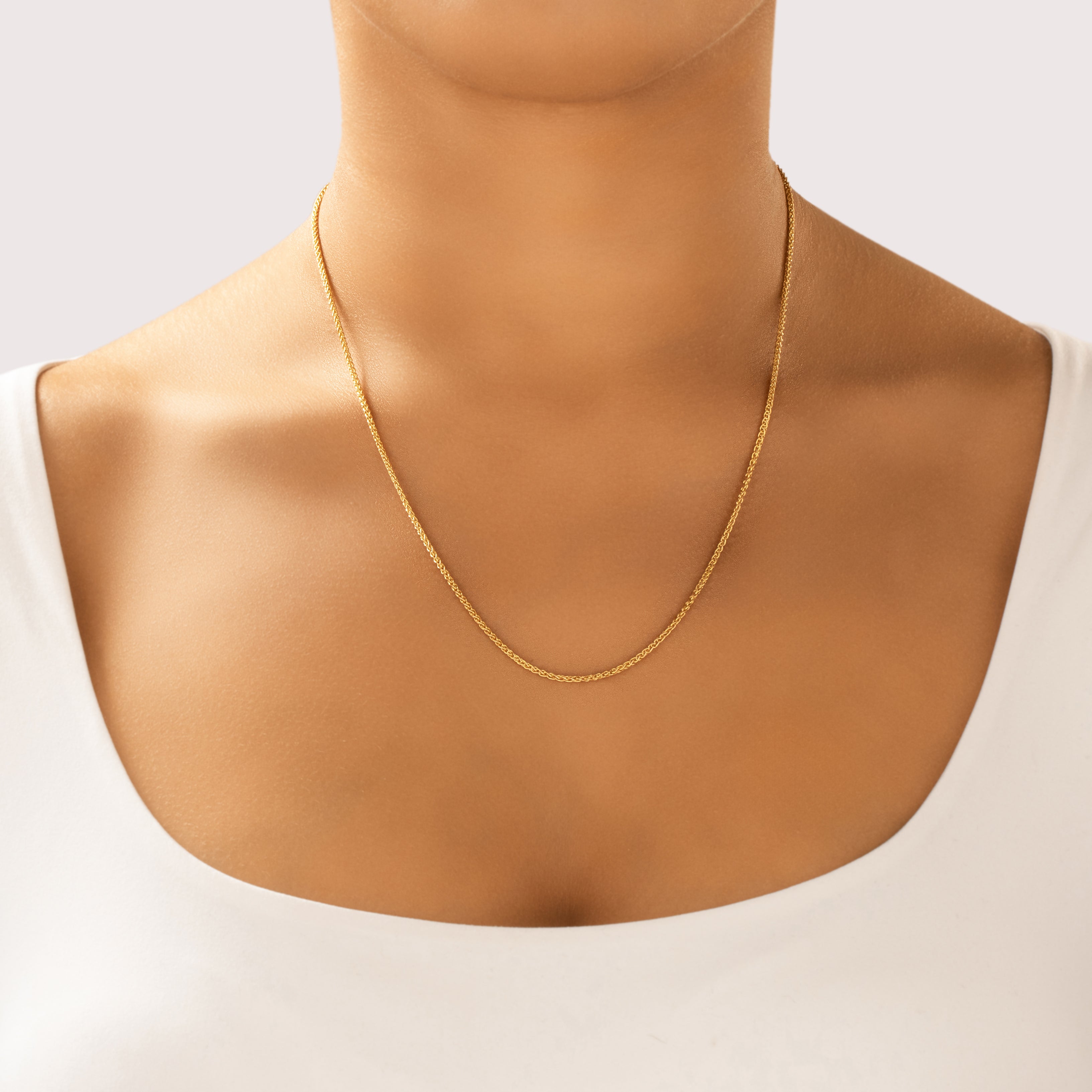 Vintage Italian 14k Yellow Gold Sophisticated Foxtail 1.7mm Chain - On model view