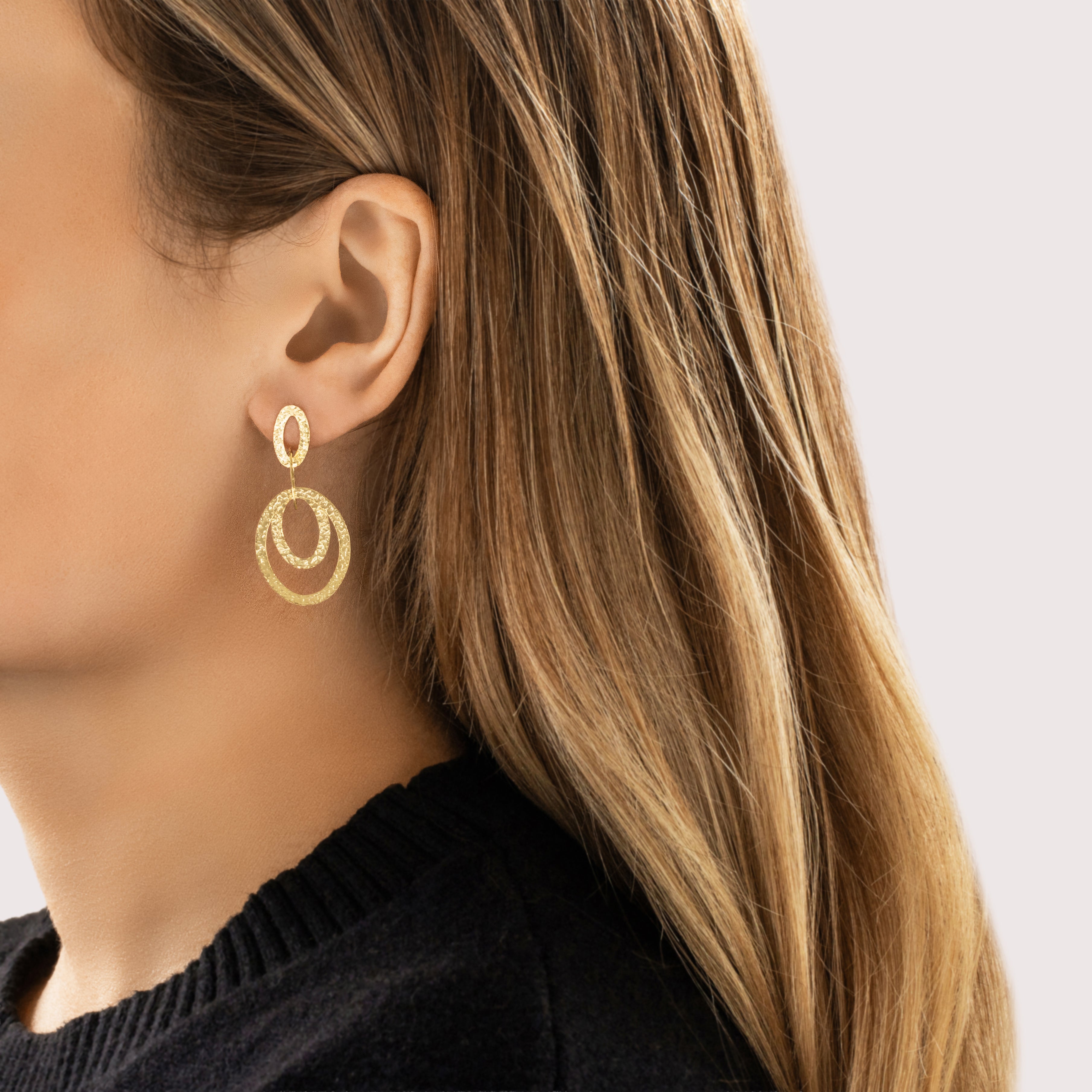 Vintage 14k Yellow Gold Playful Textured Artistic Dangle Earrings - On model view
