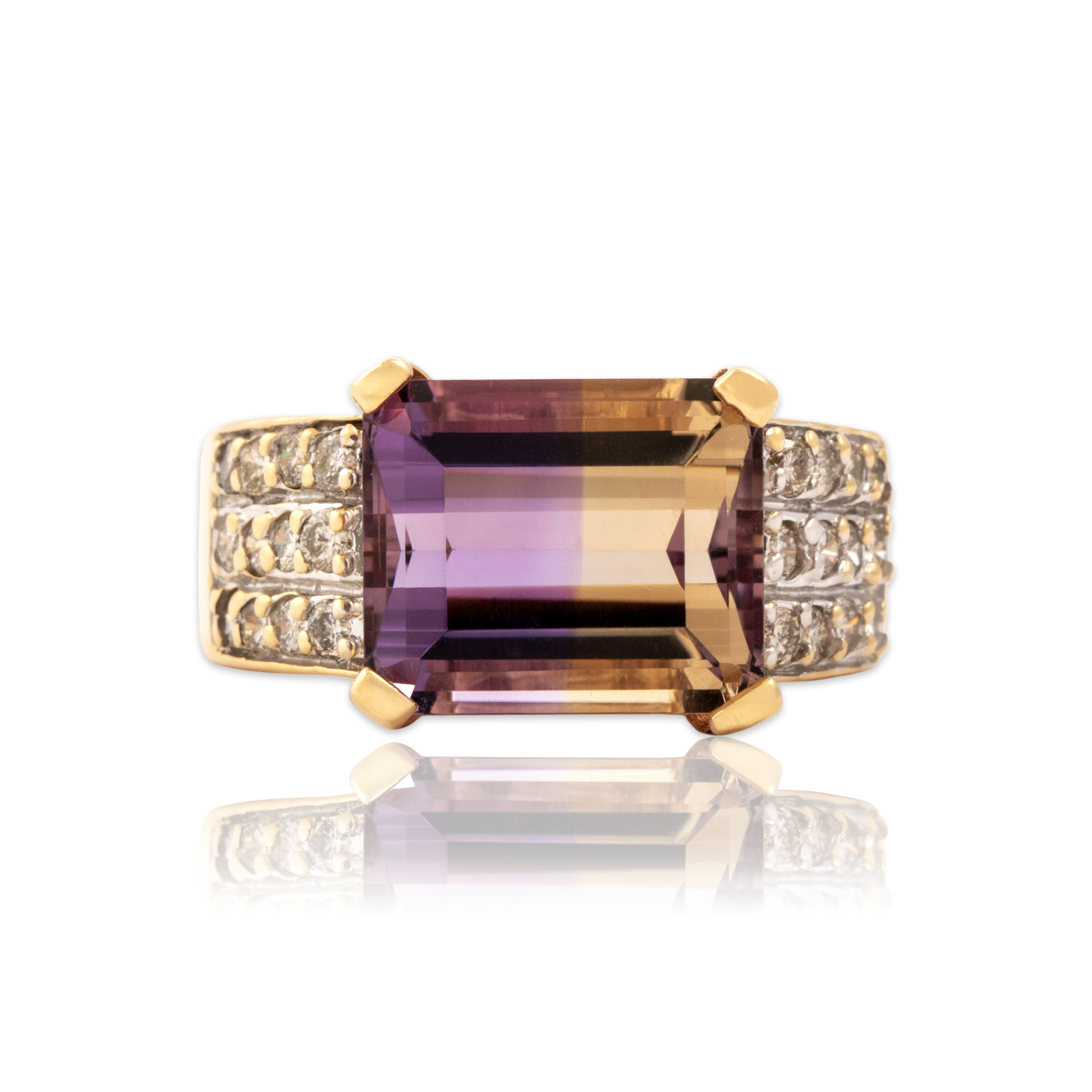 Vintage 14k Yellow Gold 5.62ct Ametrine .59cttw Diamond Bold Ring - Close-up view