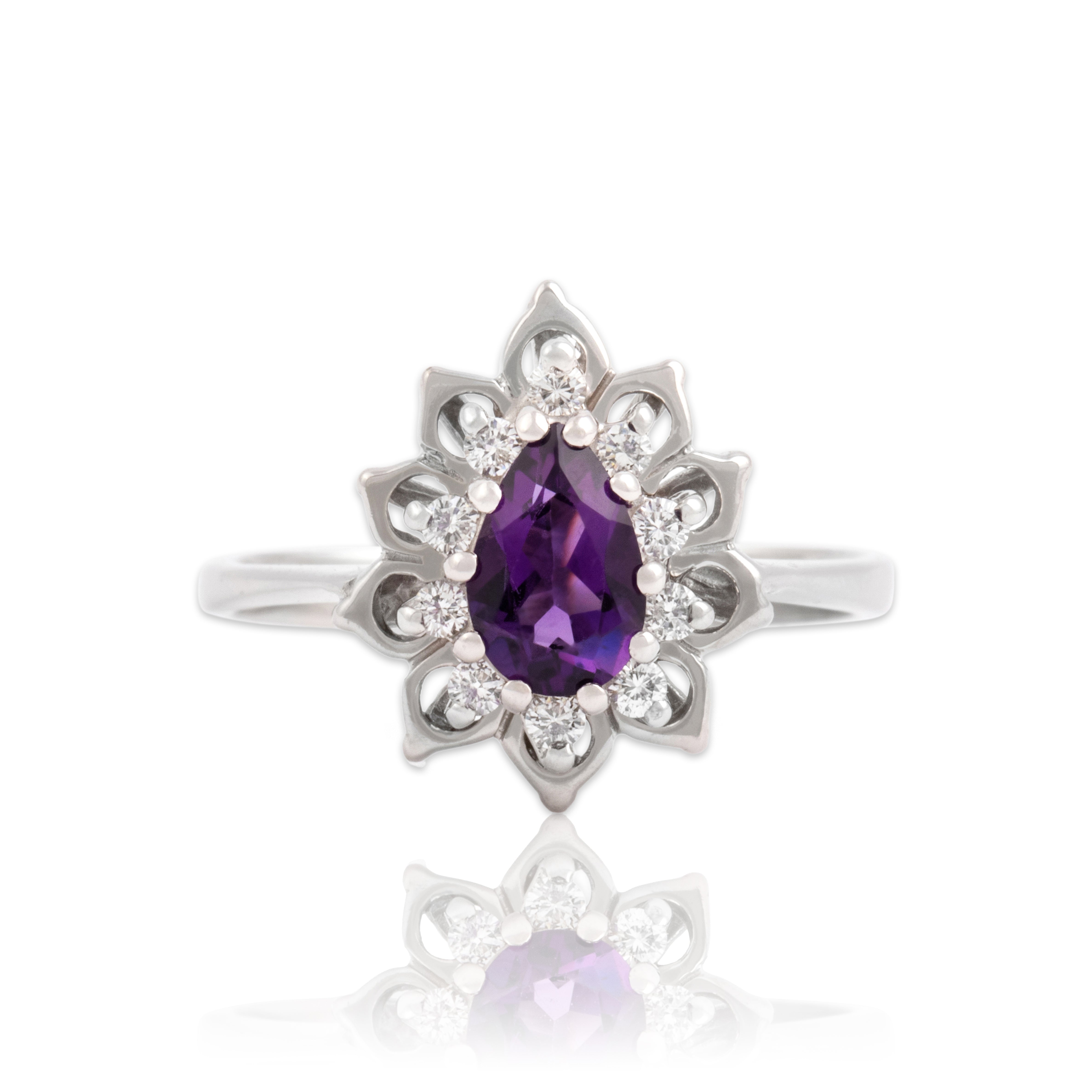 Vintage 14k White Gold .68ct Amethyst Diamond Sparkling Lotus Halo Ring 8.25