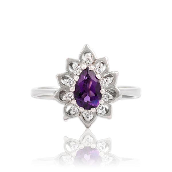 Vintage 14k White Gold .68ct Amethyst Diamond Sparkling Lotus Halo Ring 8.25