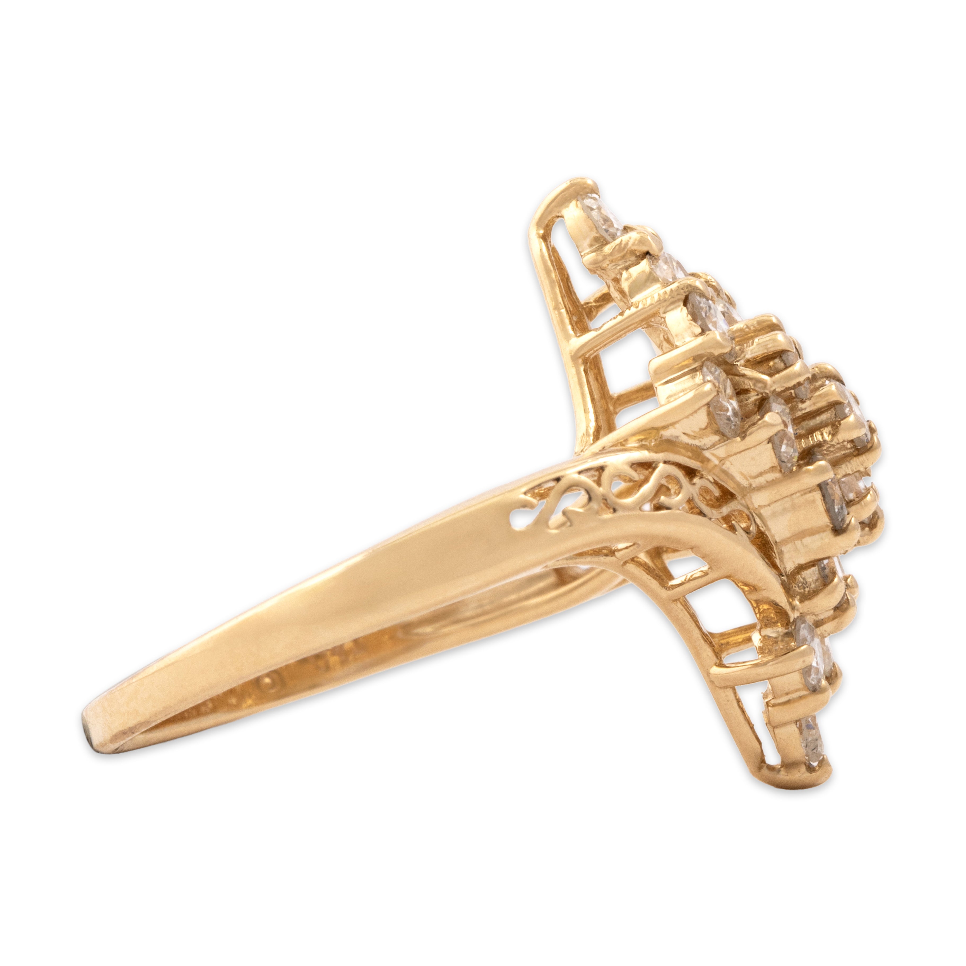 Vintage 14k Yellow Gold 1.13cttw Diamond Dazzling Swirling Cluster Ring - Side view