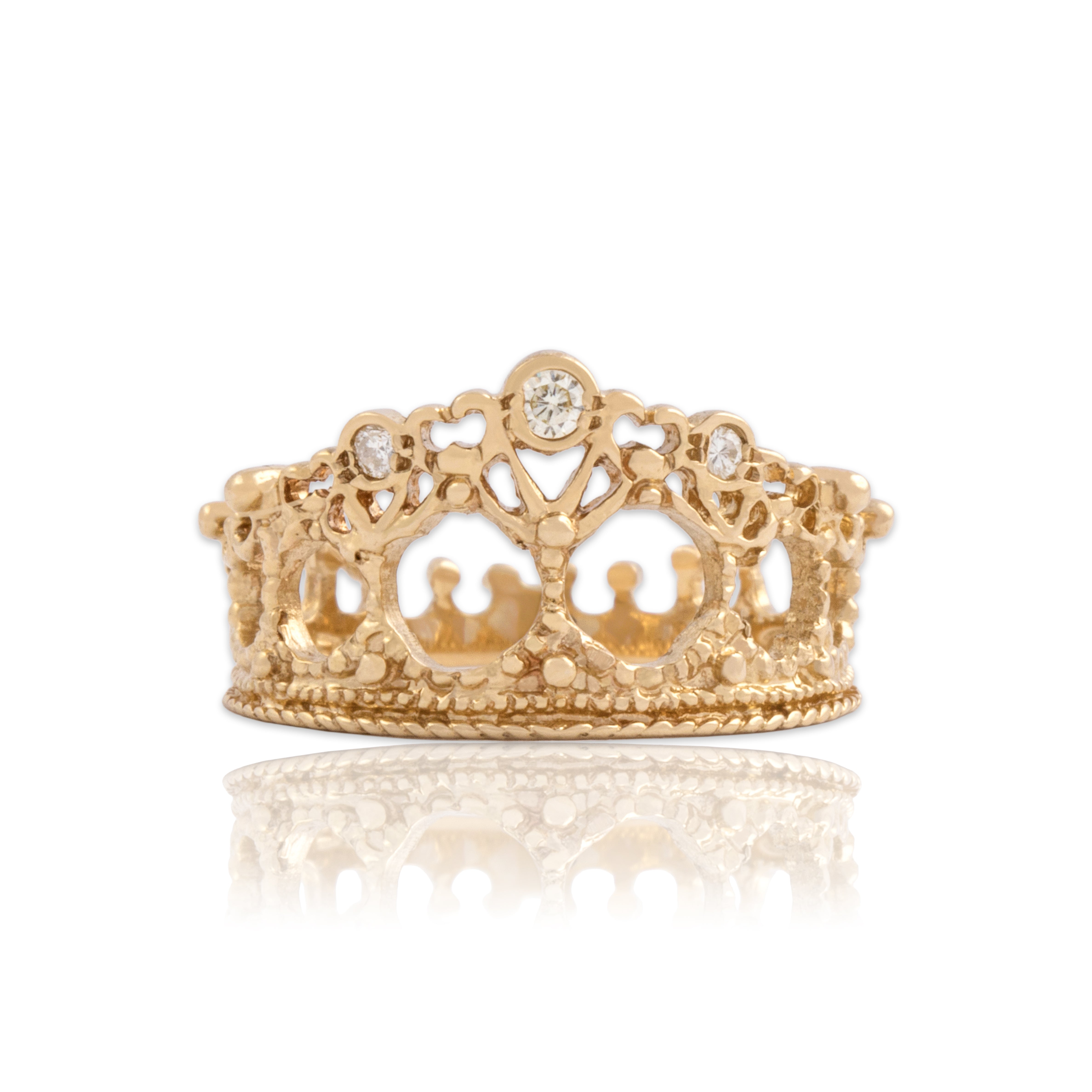 Vintage Stuart Devlin 14k Yellow Gold Diamond Intricate Graduated Crown Ring - Close-up view