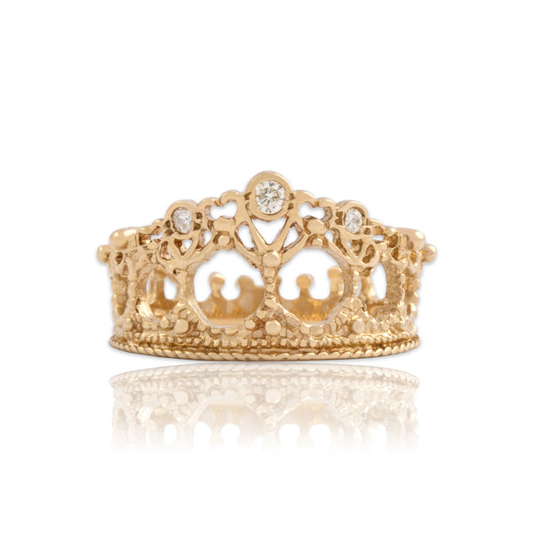 Vintage Stuart Devlin 14k Yellow Gold Diamond Intricate Crown Ring 4.50