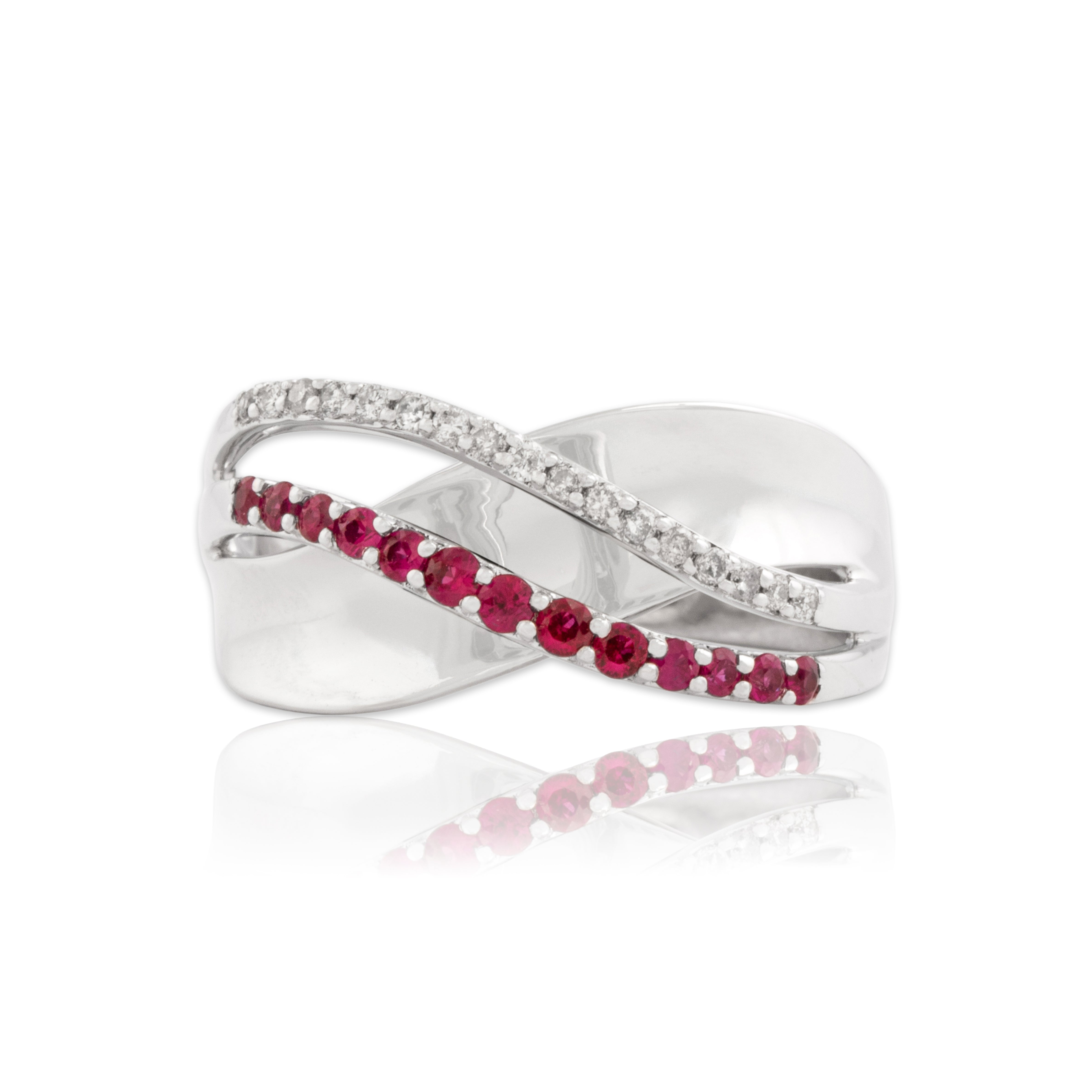 Vintage 14k White Gold Ruby Diamond Flowing Open Crossover Band Ring - Close-up view