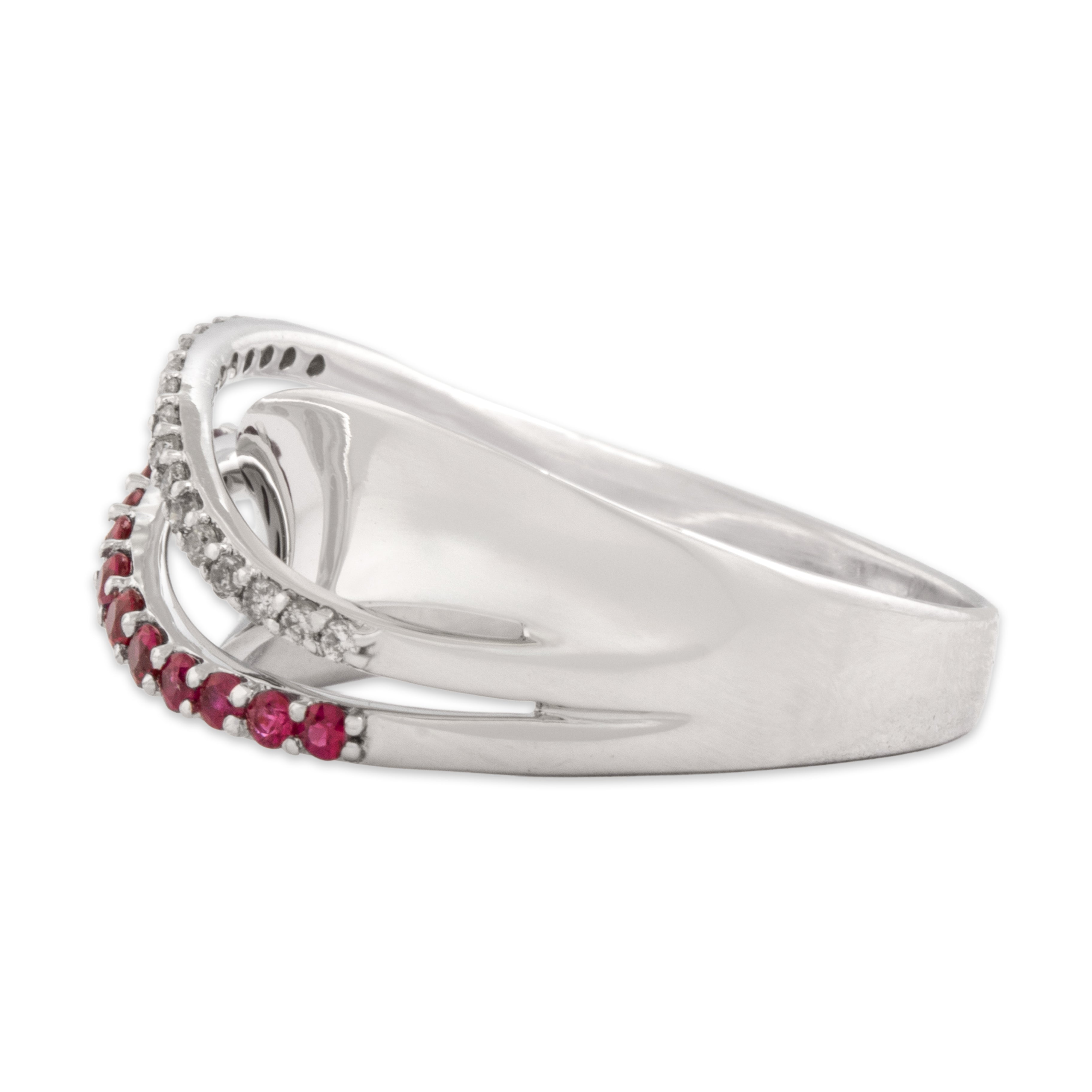 Vintage 14k White Gold Ruby Diamond Flowing Open Crossover Band Ring - Side view