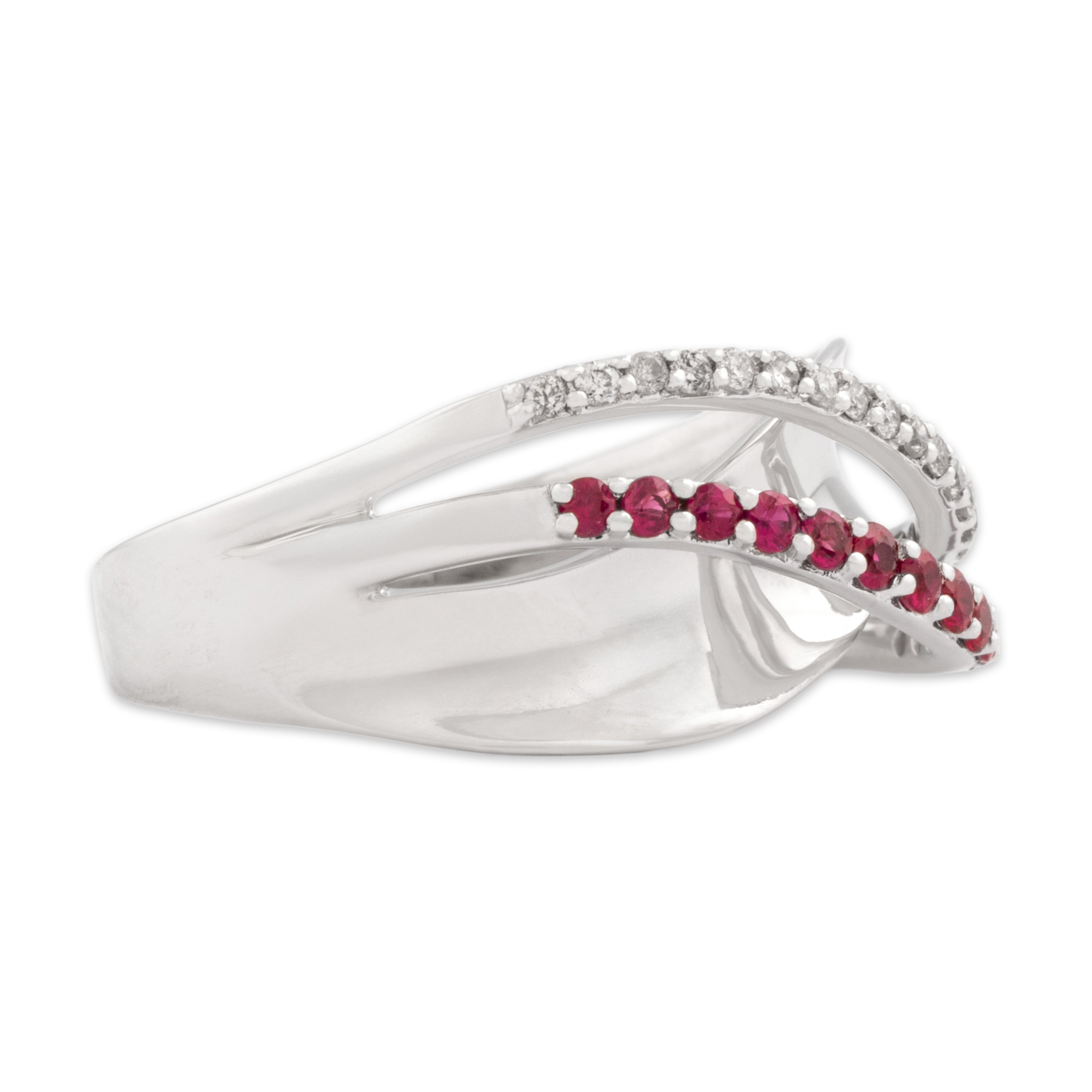 Vintage 14k White Gold Ruby Diamond Flowing Open Crossover Band Ring - Side view