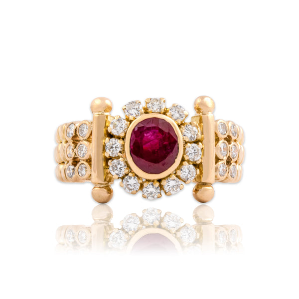 Vintage 14k Yellow Gold .8ct Ruby Diamond Statement Halo Bezel Ring 5.25