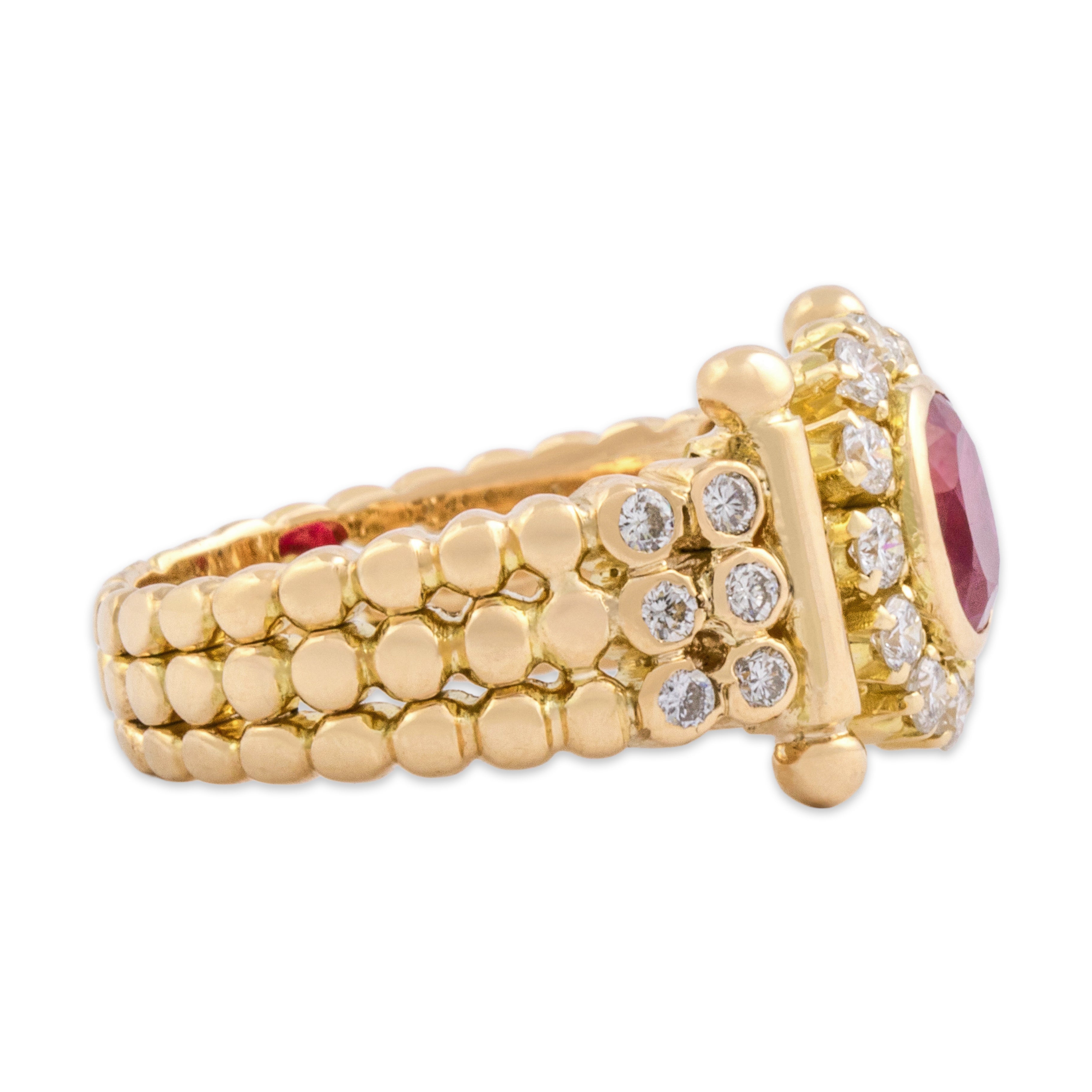 Vintage 14k Yellow Gold .8ct Ruby Diamond Statement Halo Bezel Ring 5.25