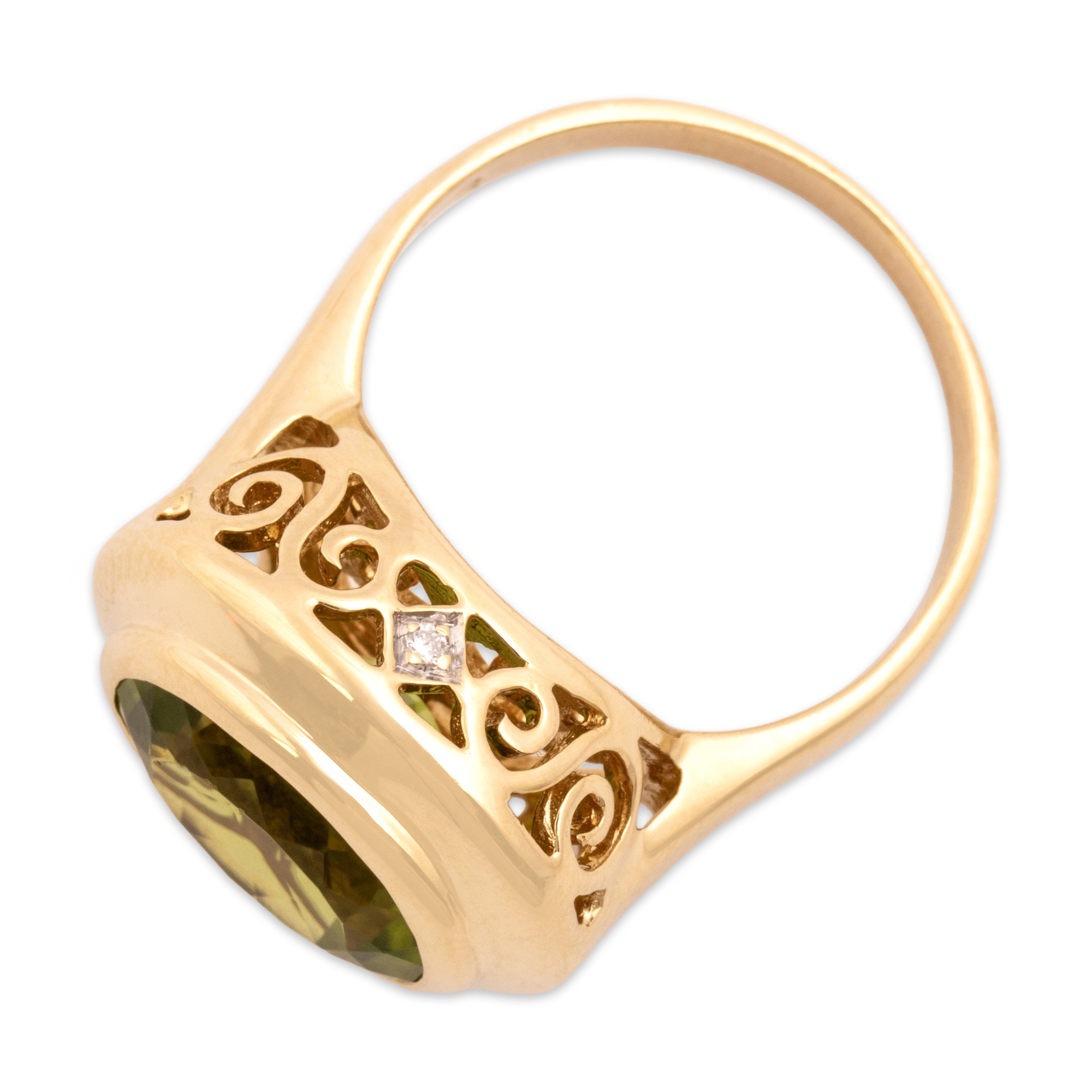 Vintage 14k Yellow Gold 5.03ct Peridot Diamond Swirling East-West Bezel Setting Ring - Overall view