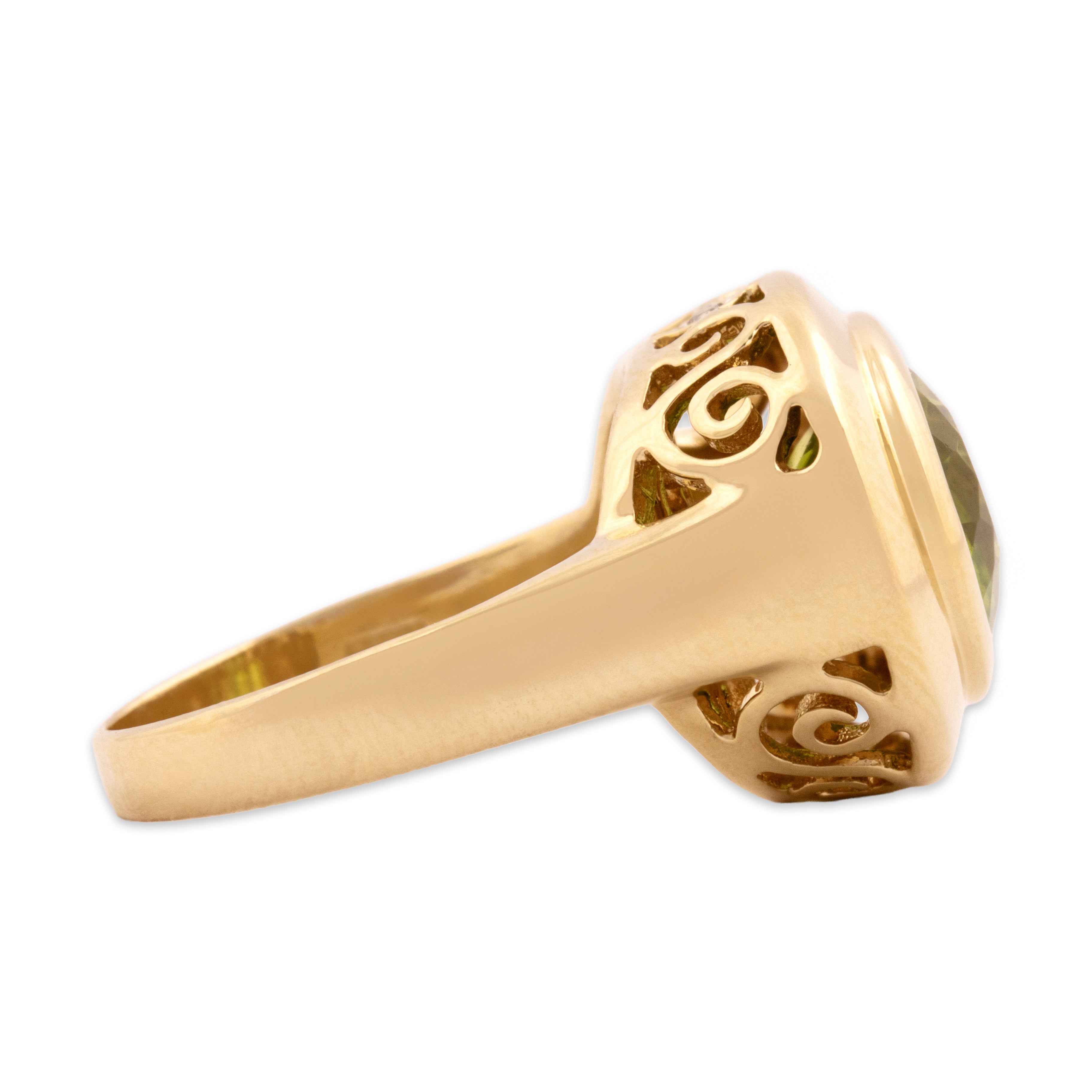 Vintage 14k Yellow Gold 5.03ct Peridot Diamond Swirling East-West Bezel Setting Ring - Side view