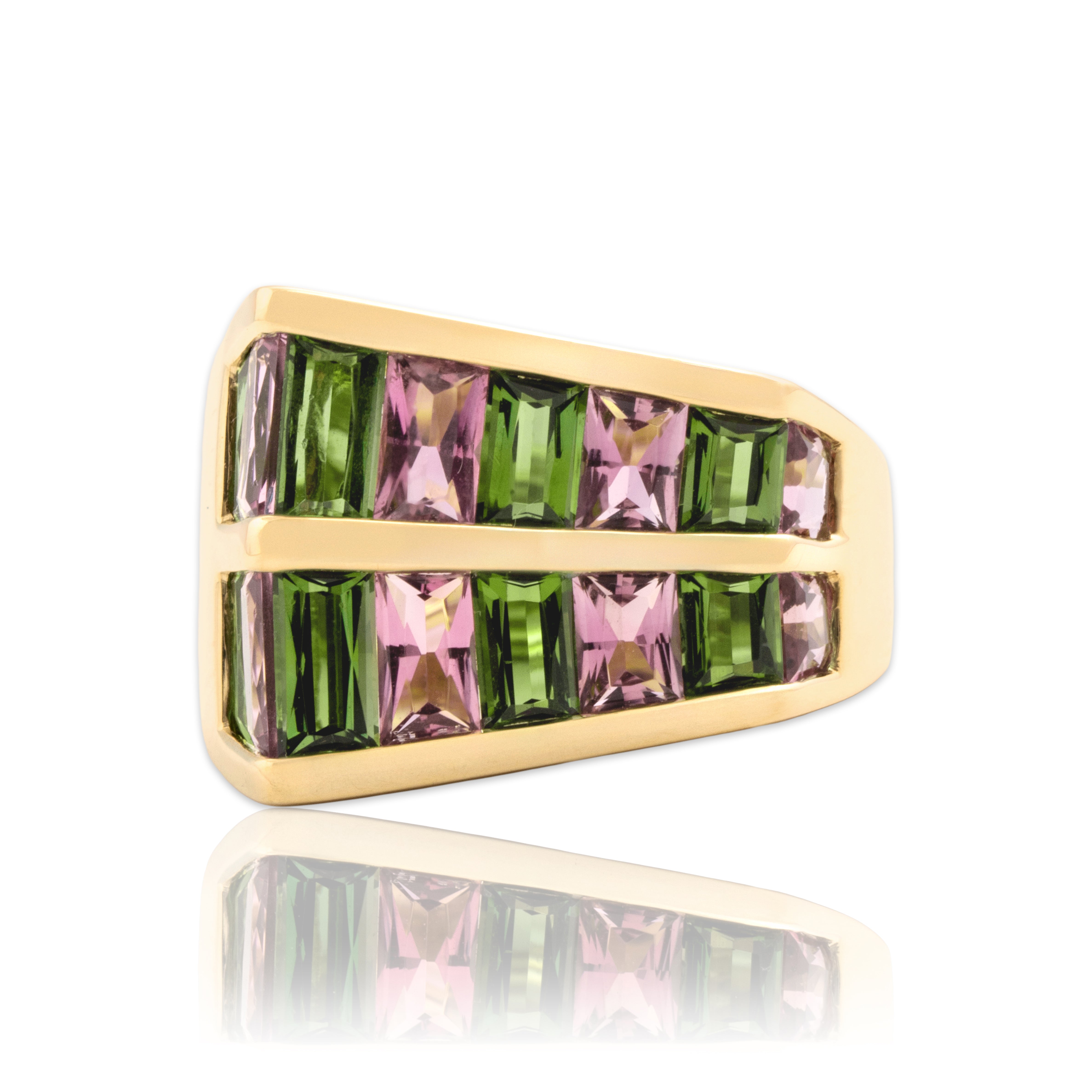 Vintage 14k Yellow Gold 3.4cttw Pink Green Tourmaline Vibrant Channel Ring 7.00
