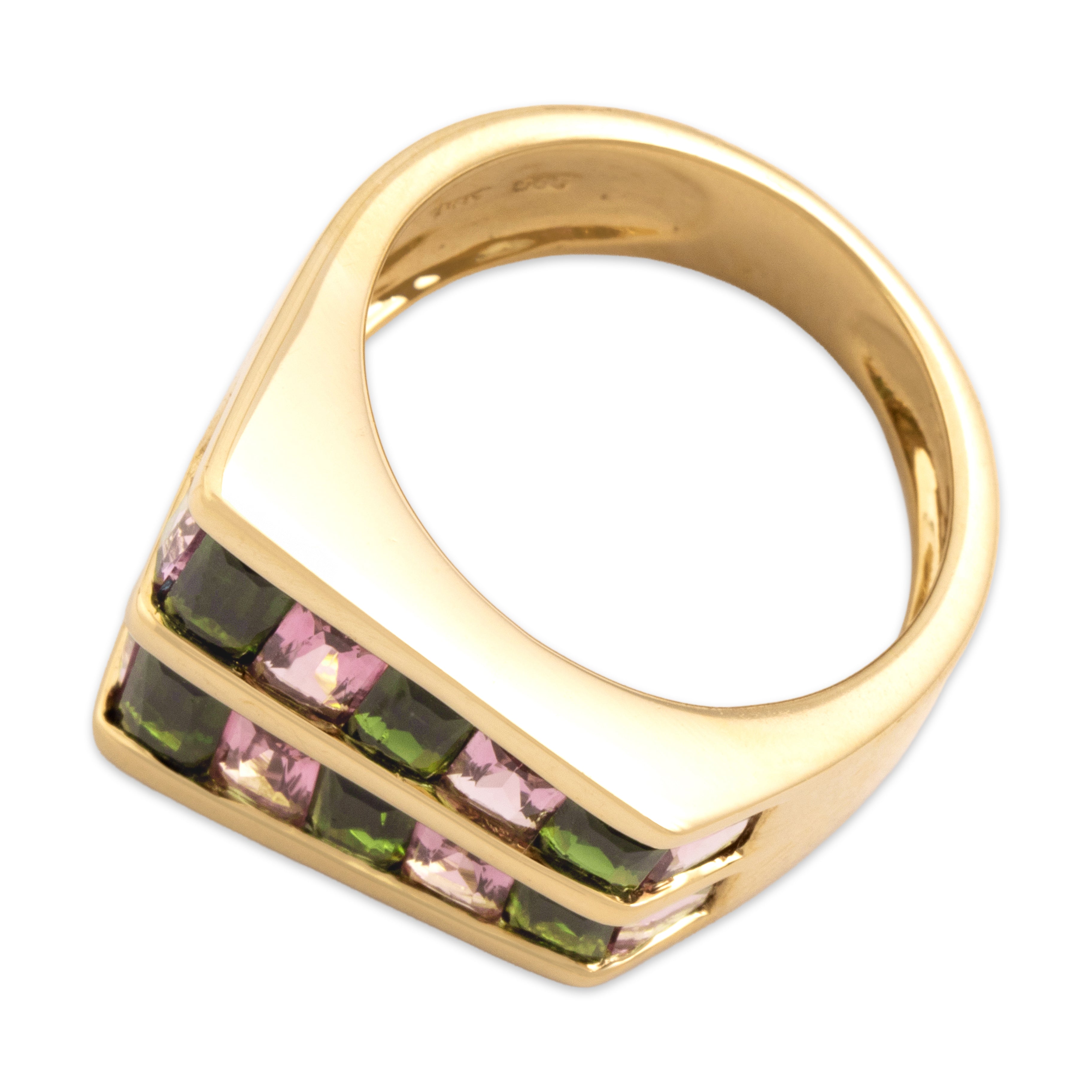 Vintage 14k Yellow Gold 3.4cttw Pink Green Tourmaline Vibrant Channel Ring 7.00