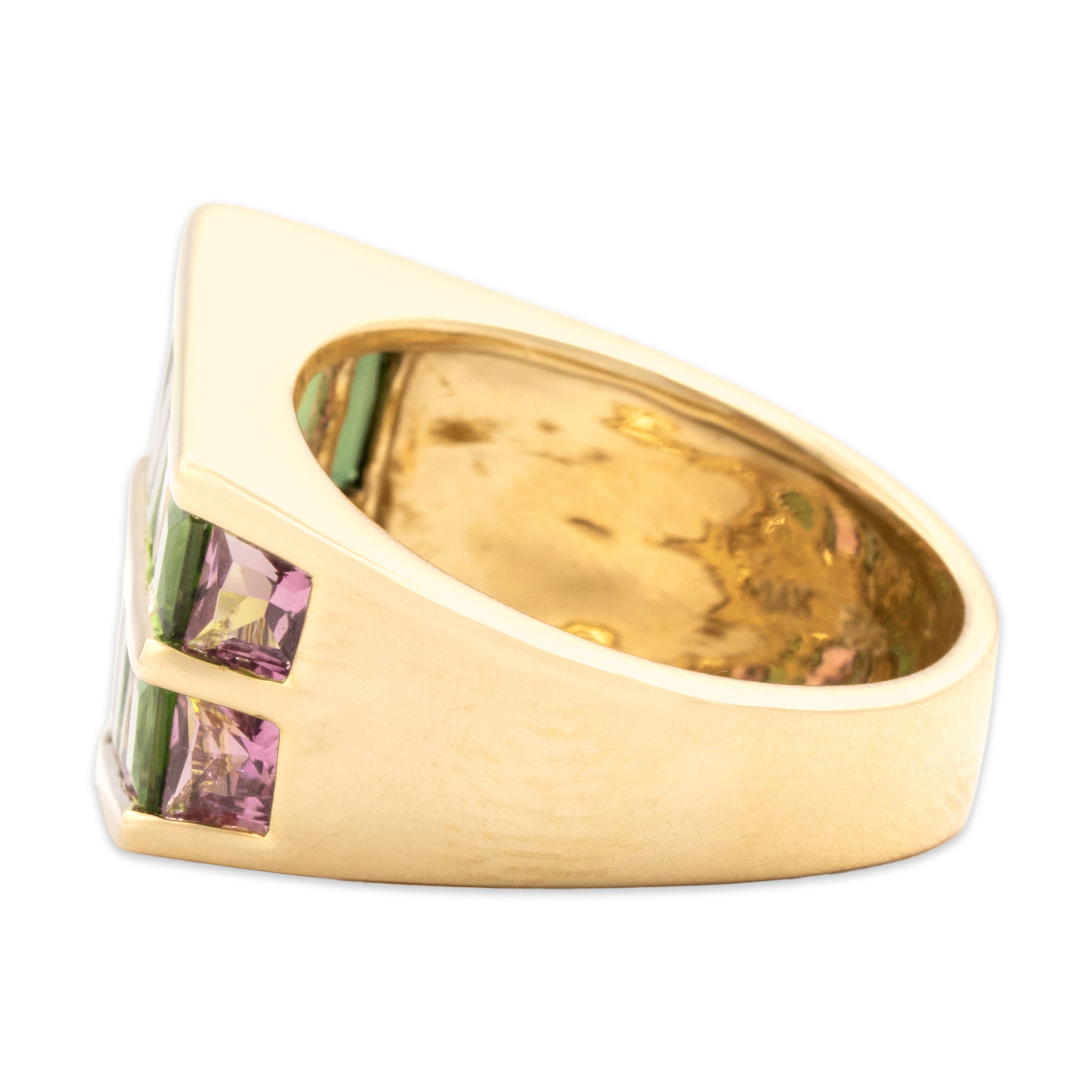 Vintage 14k Yellow Gold 3.4cttw Pink Green Tourmaline Vibrant Channel Ring 7.00
