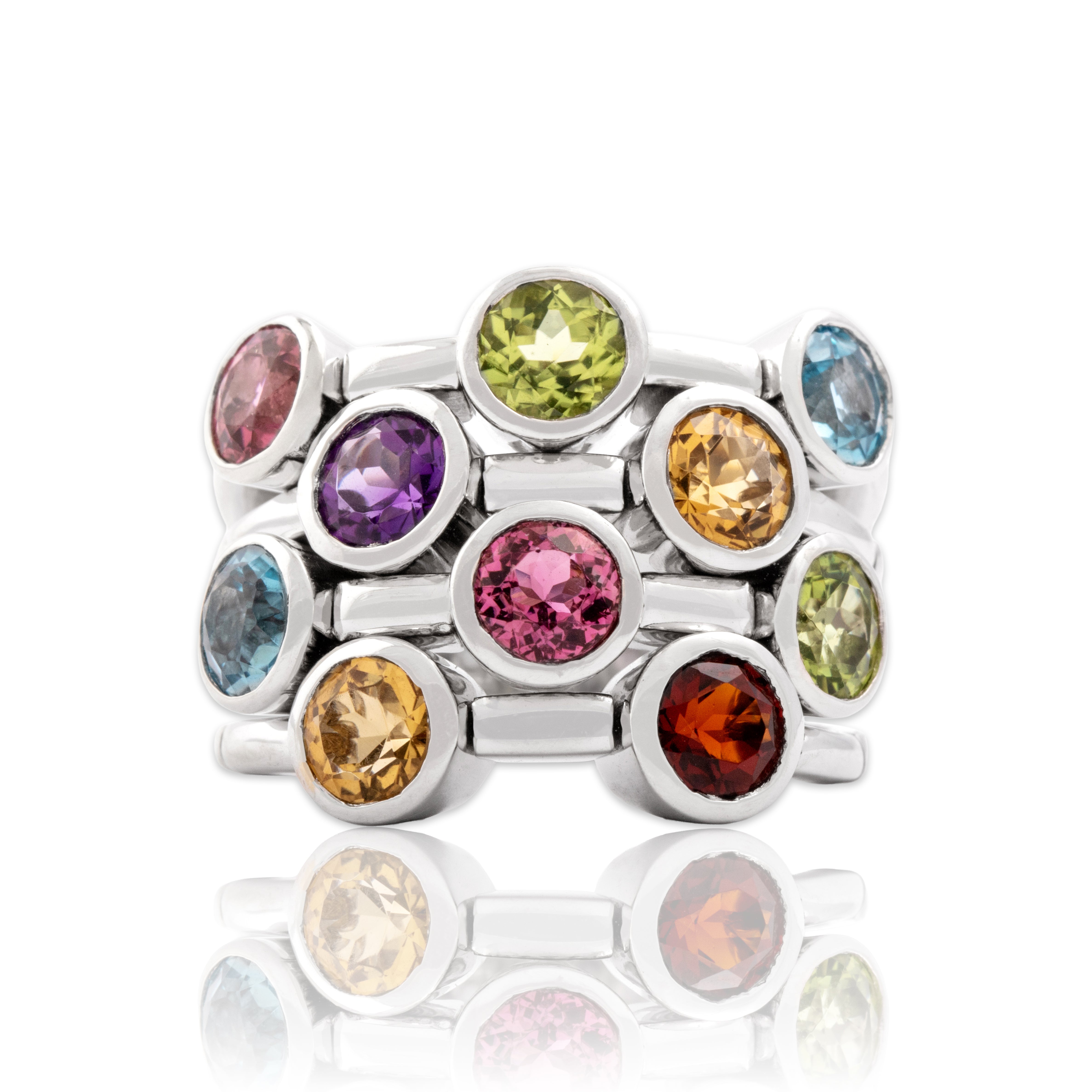 Vintage Sonia B Heavy 14k White Gold 1.1cttw Blue Topaz 1.08cttw Peridot 1.03cttw Pink Tourmaline .89cttw Citrine .66ct Garnet Amethyst Bold Splendid Bubble Ring - Close-up view