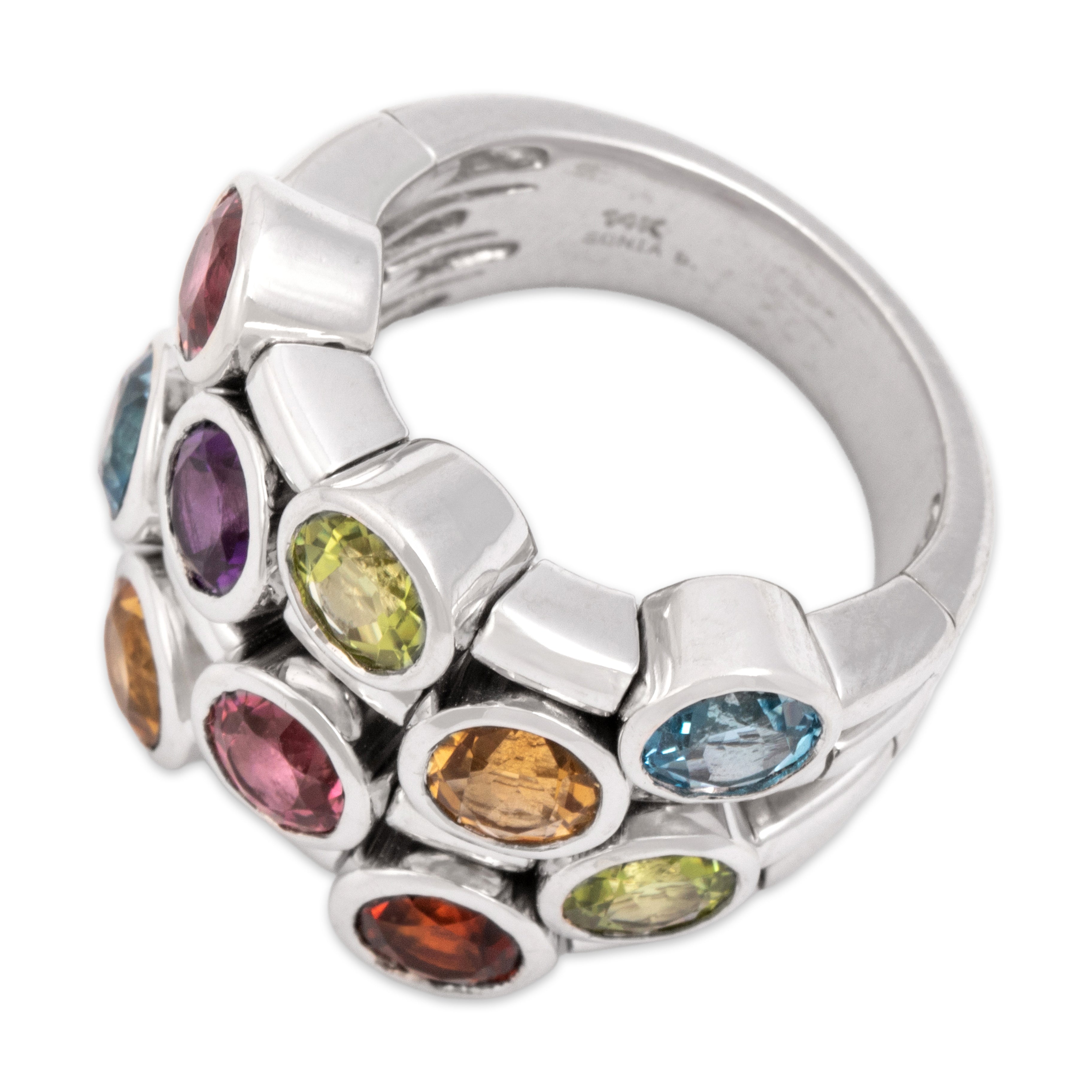 Vintage Sonia B Heavy 14k White Gold 1.1cttw Blue Topaz 1.08cttw Peridot 1.03cttw Pink Tourmaline .89cttw Citrine .66ct Garnet Amethyst Bold Splendid Bubble Ring - Overall view