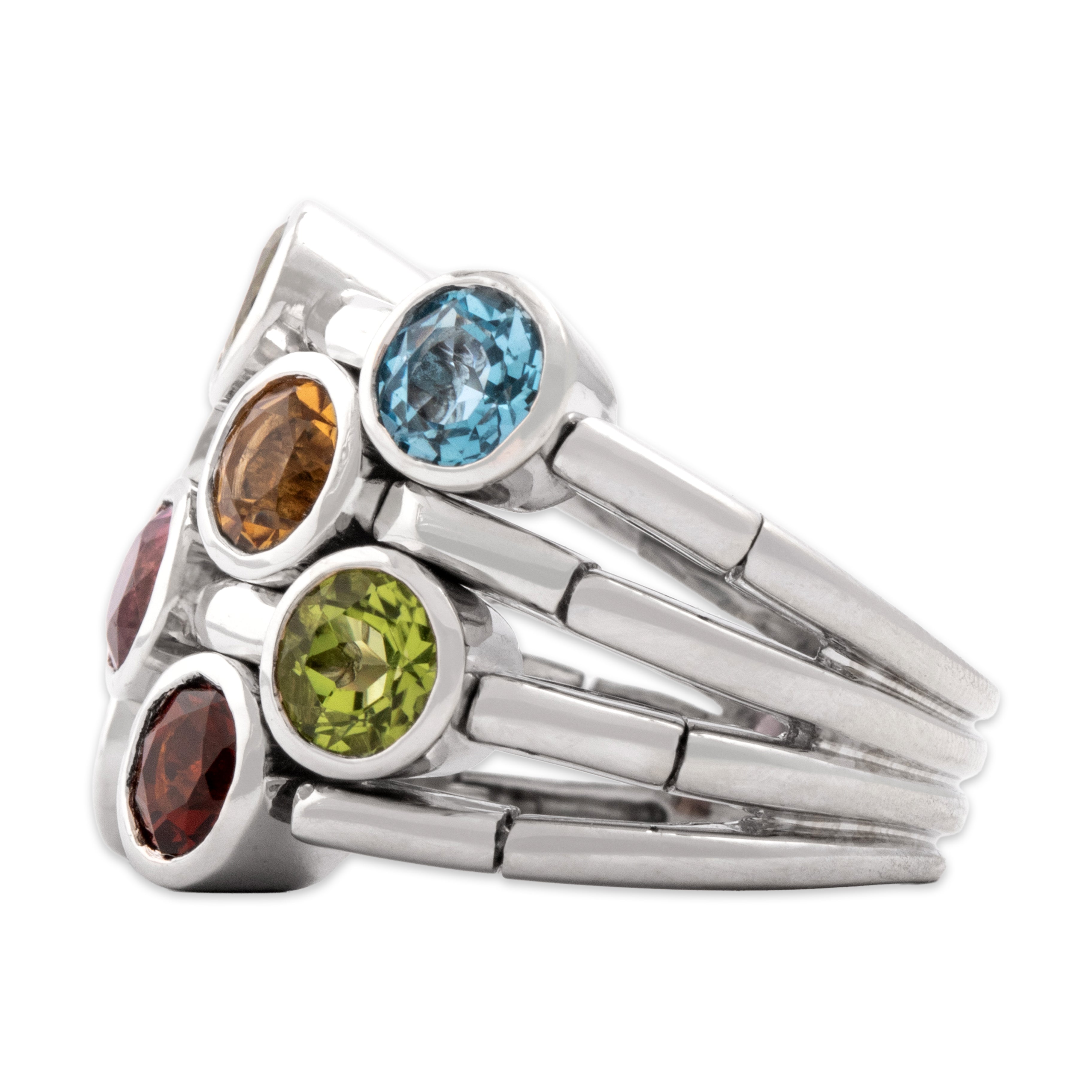 Vintage Sonia B Heavy 14k White Gold 1.1cttw Blue Topaz 1.08cttw Peridot 1.03cttw Pink Tourmaline .89cttw Citrine .66ct Garnet Amethyst Bold Splendid Bubble Ring - Side view