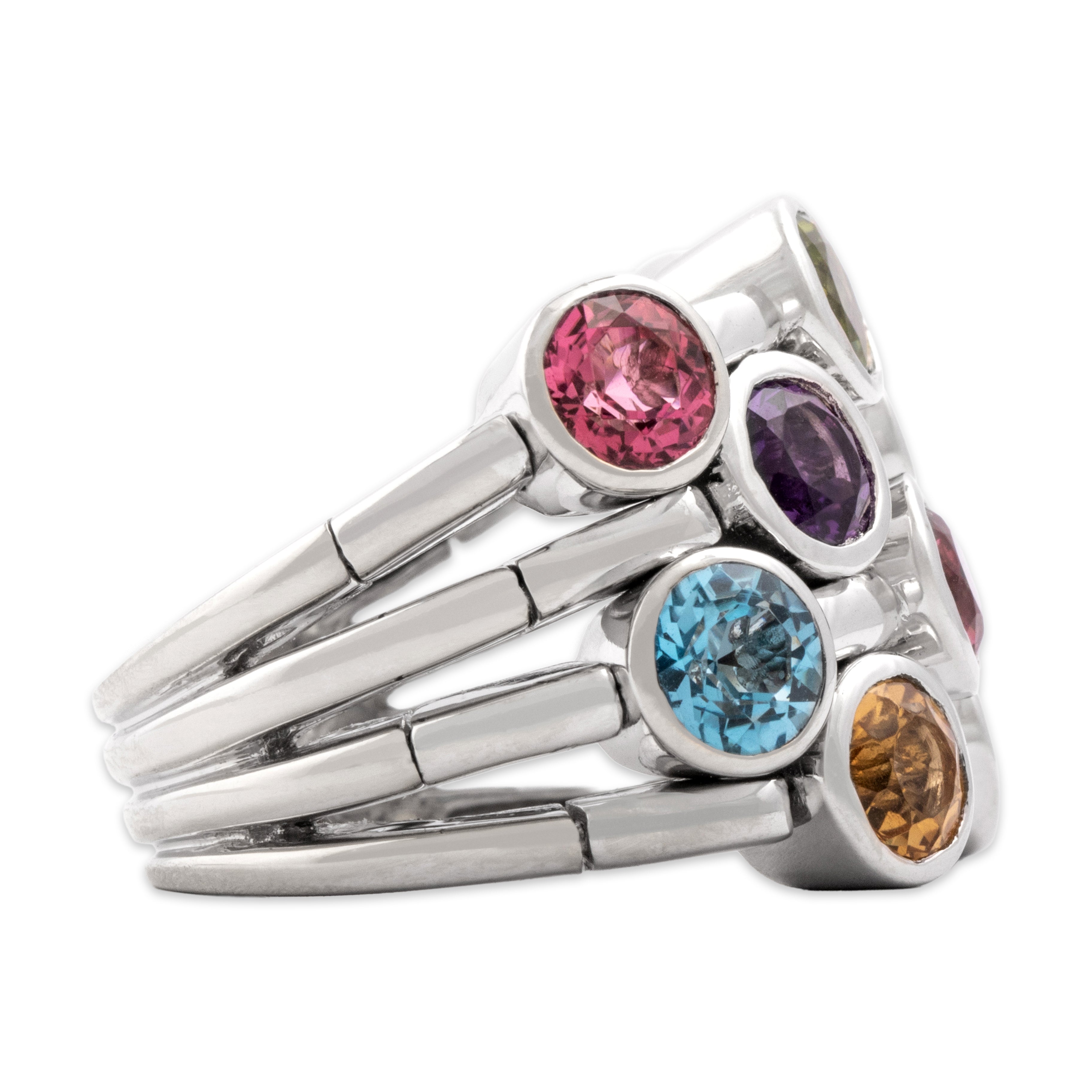 Vintage Sonia B Heavy 14k White Gold 1.1cttw Blue Topaz 1.08cttw Peridot 1.03cttw Pink Tourmaline .89cttw Citrine .66ct Garnet Amethyst Bold Splendid Bubble Ring - Side view