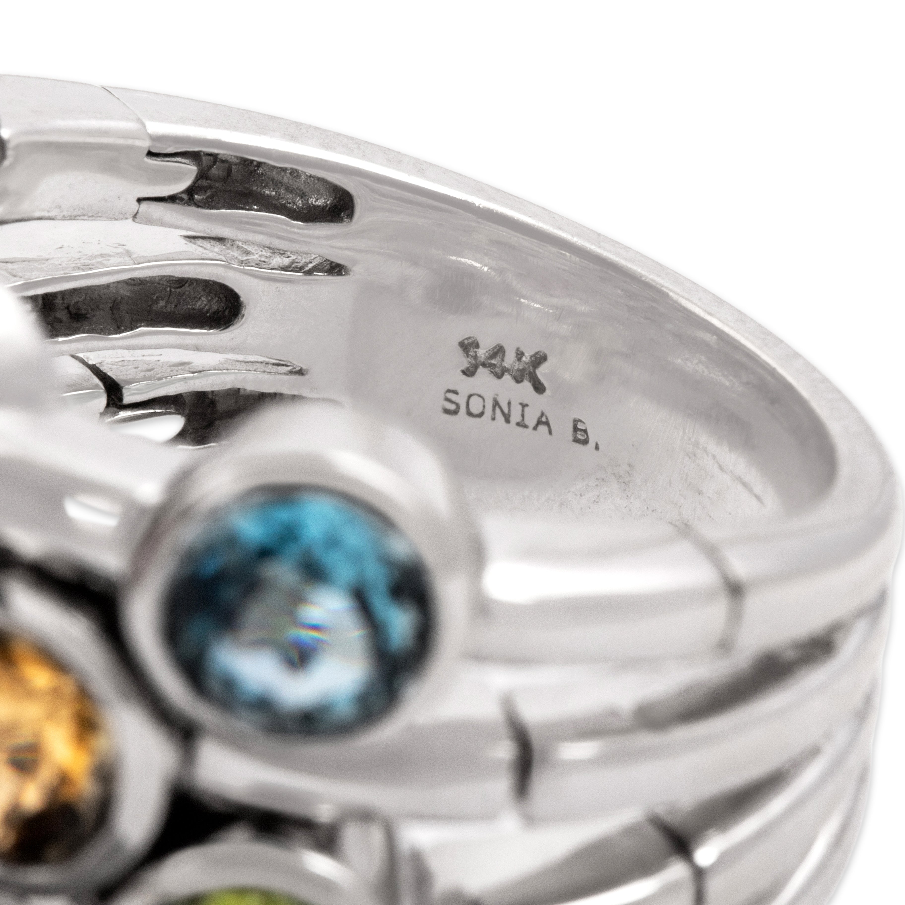 Vintage Sonia B Heavy 14k White Gold 1.1cttw Blue Topaz 1.08cttw Peridot 1.03cttw Pink Tourmaline .89cttw Citrine .66ct Garnet Amethyst Bold Splendid Bubble Ring - Hallmark view