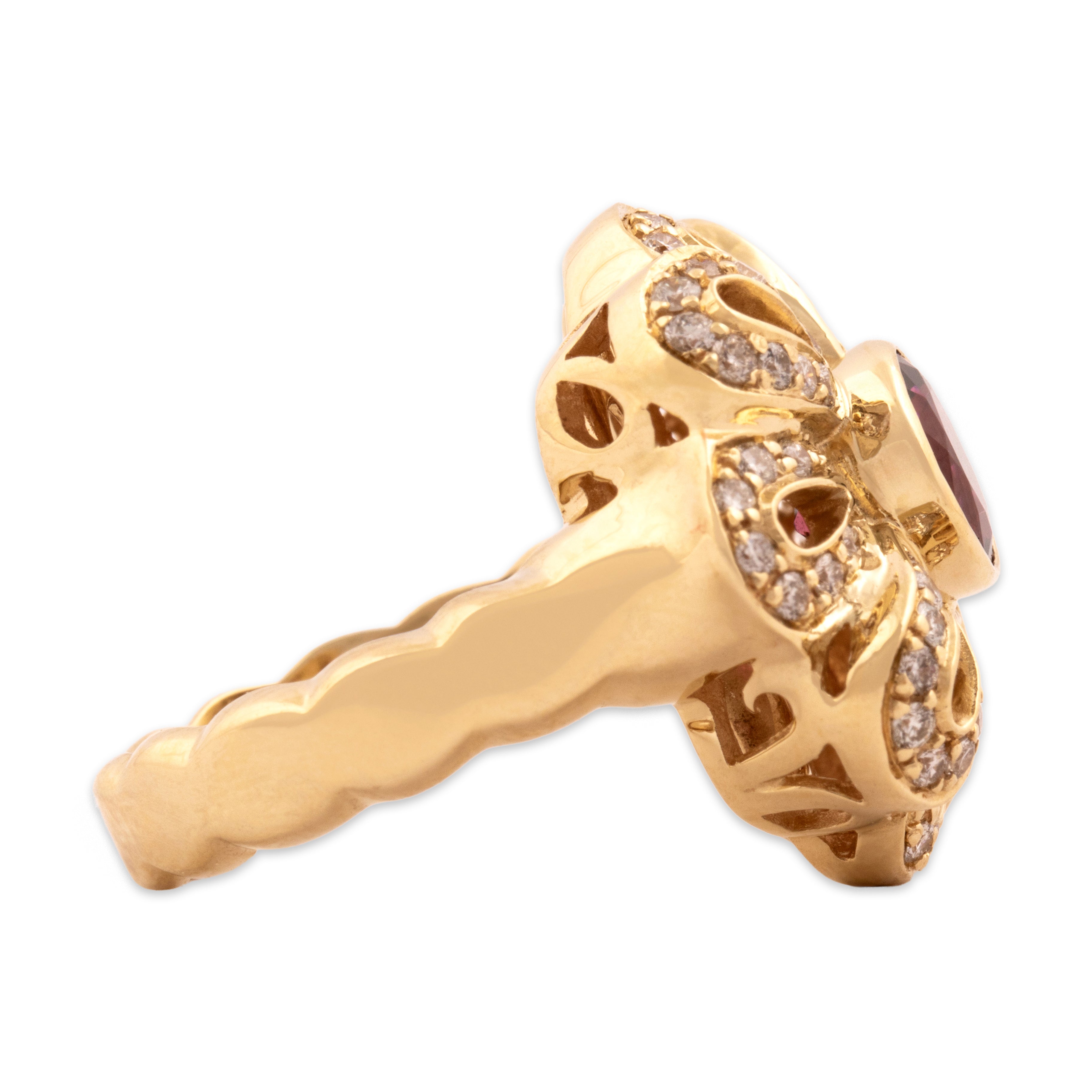 Vintage Heavy 14k Yellow Gold 1.15ct Pink Tourmaline Diamond Looping Ribbon Floriform Cocktail Ring - Side view