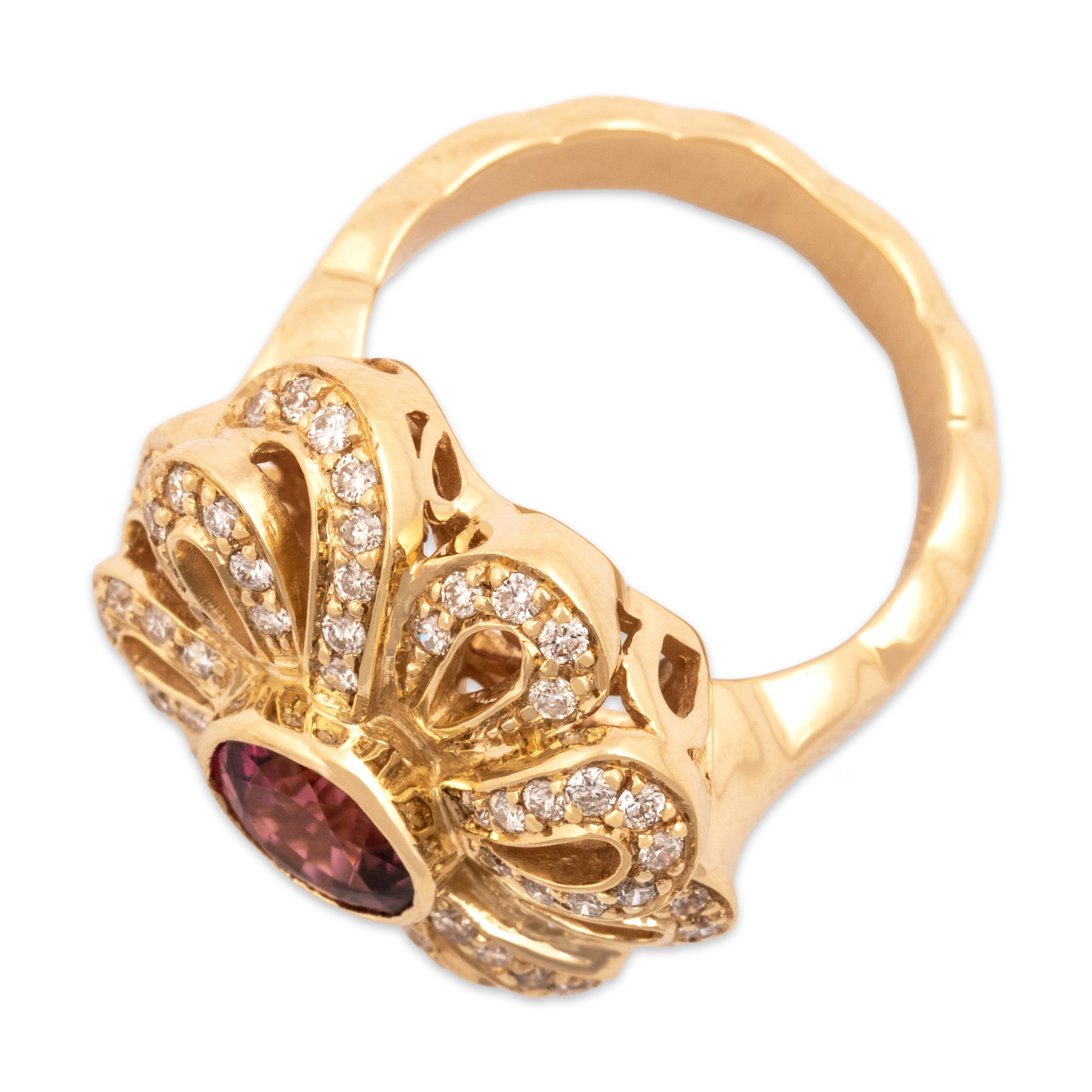 Vintage Heavy 14k Yellow Gold 1.15ct Pink Tourmaline Diamond Looping Ribbon Floriform Cocktail Ring - Overall view