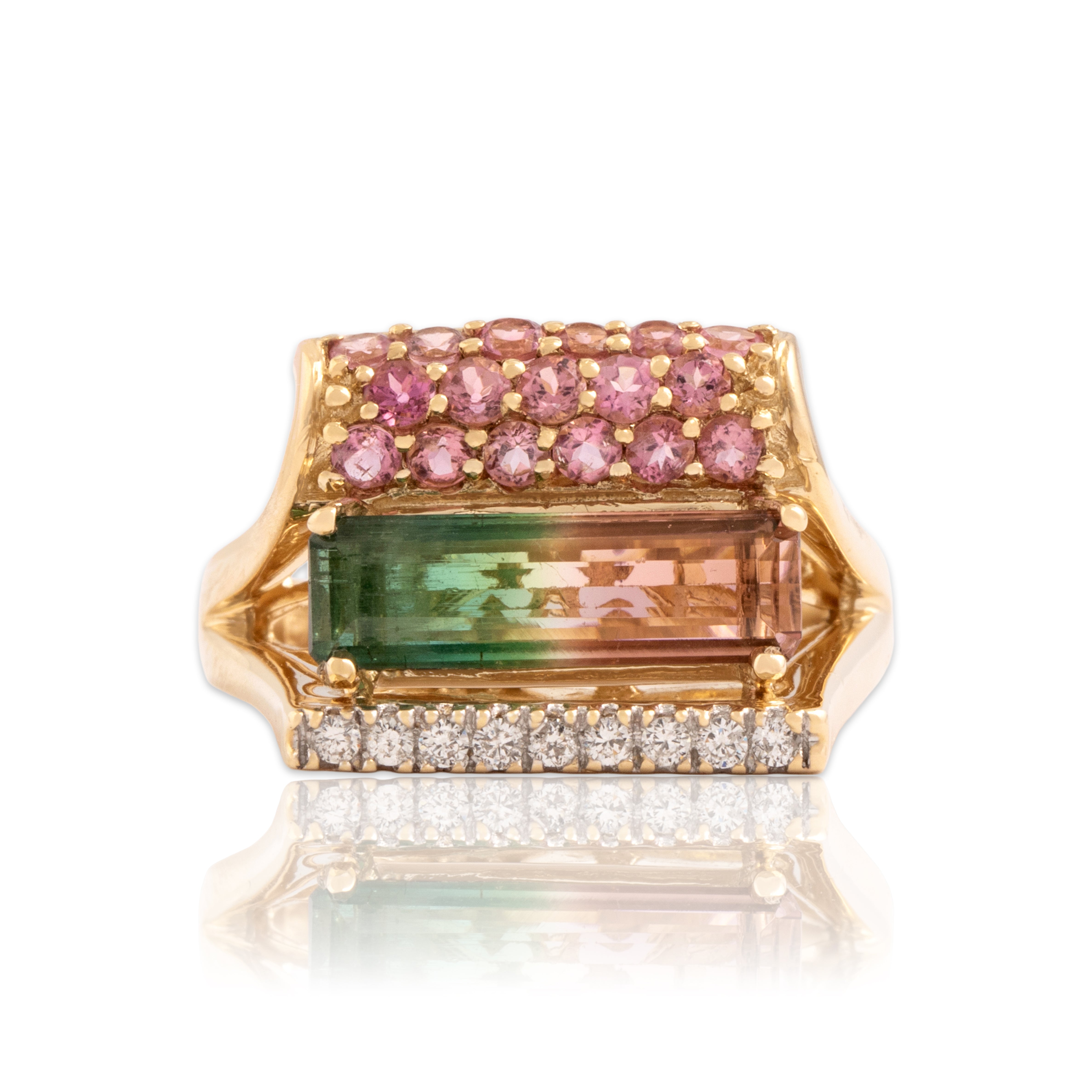 Vintage 14k Yellow Gold 1.93cttw Pink Watermelon Tourmaline Diamond Superb Unique Bar Ring - Close-up view