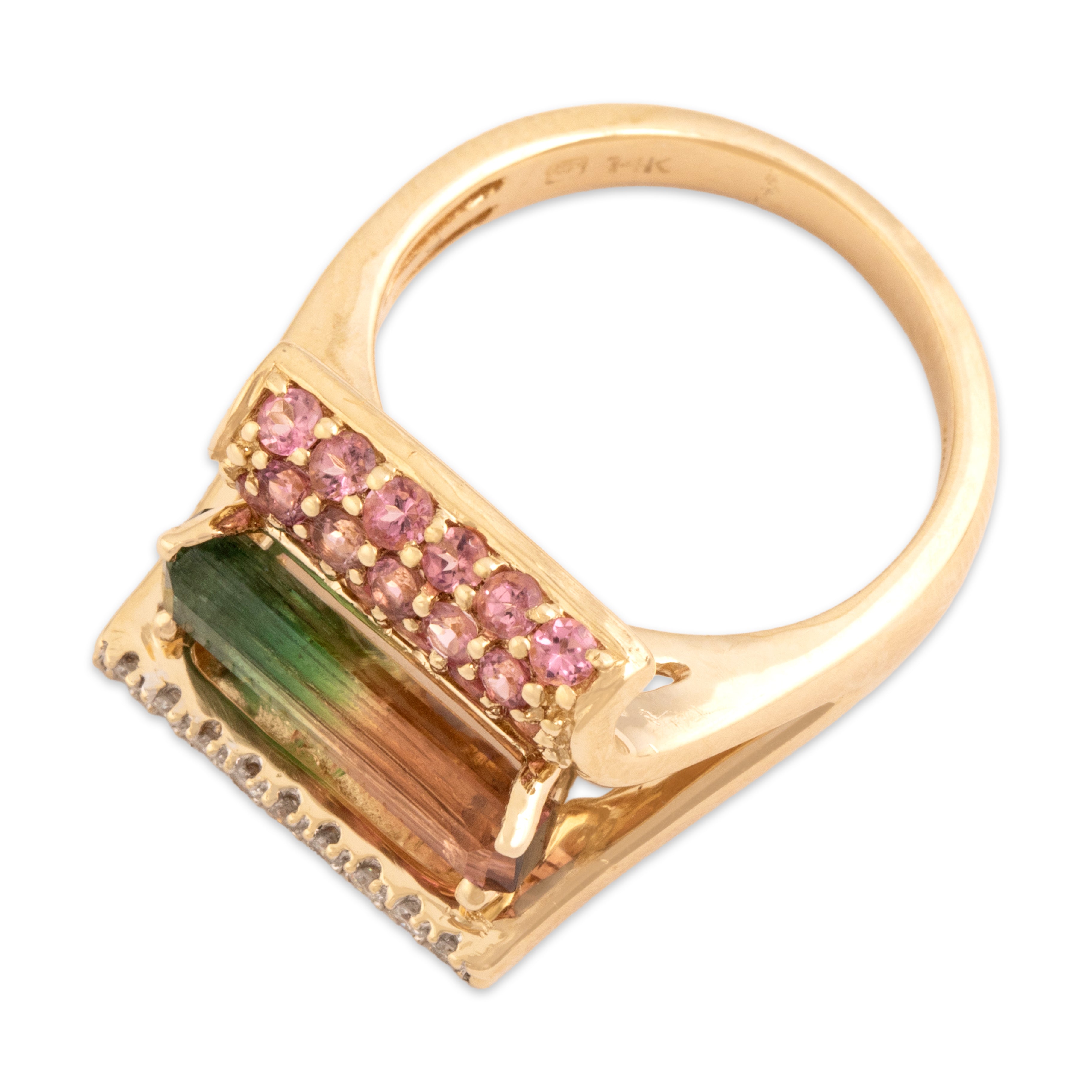 Vintage 14k Yellow Gold 1.93cttw Pink Watermelon Tourmaline Diamond Superb Unique Bar Ring - Overall view