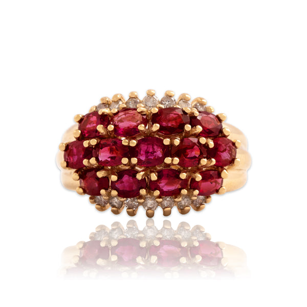 Vintage 14k Yellow Gold 2.28cttw Ruby Diamond East-West Cluster Ring 7.00
